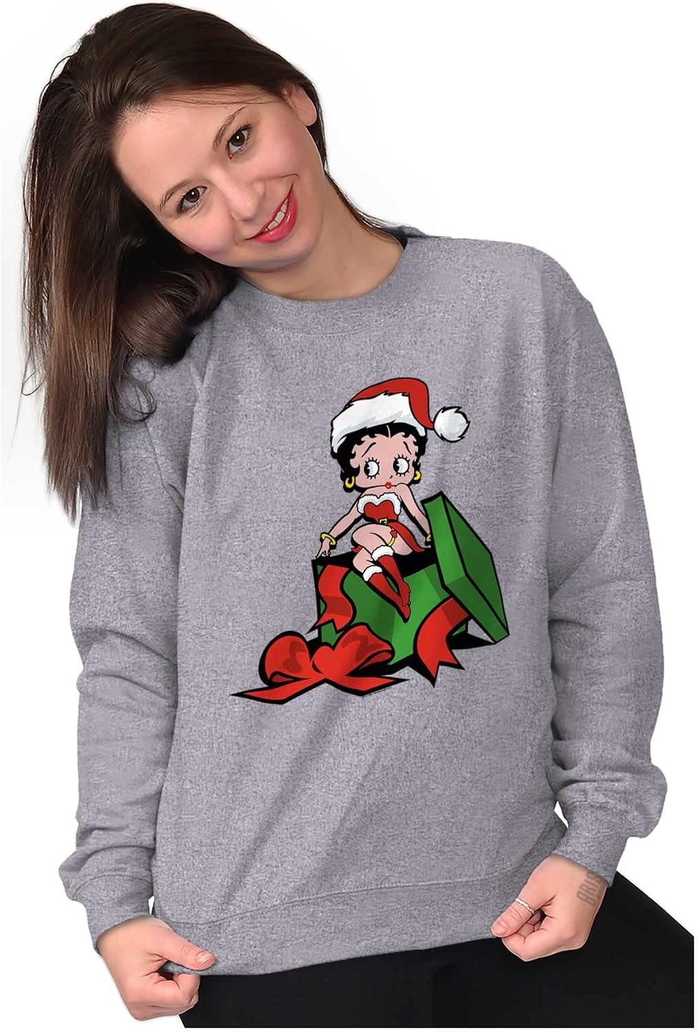 image:imageBrisco Brands Betty Boop Christmas Cute Holiday Women Crewneck SweatshirtSport Grey