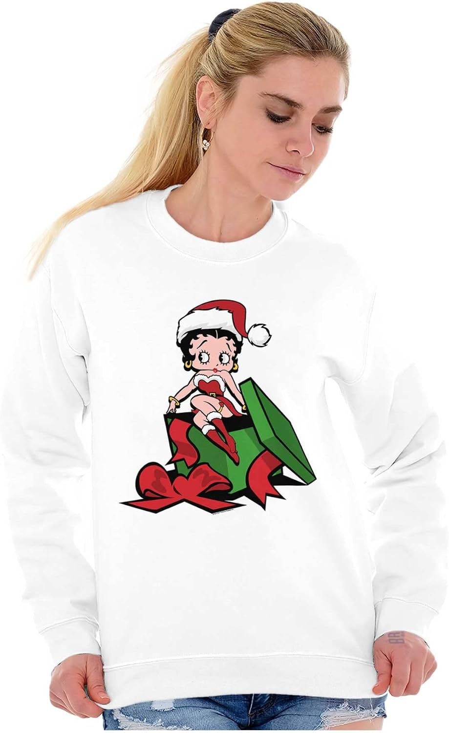 image:imageBrisco Brands Betty Boop Christmas Cute Holiday Women Crewneck SweatshirtWhite