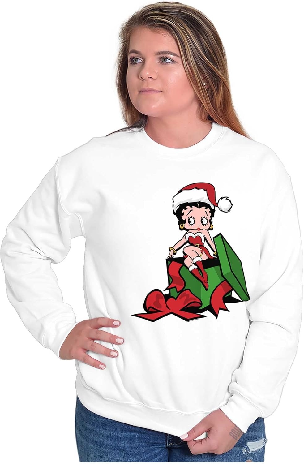 image:imageBrisco Brands Betty Boop Christmas Cute Holiday Women Crewneck SweatshirtWhite
