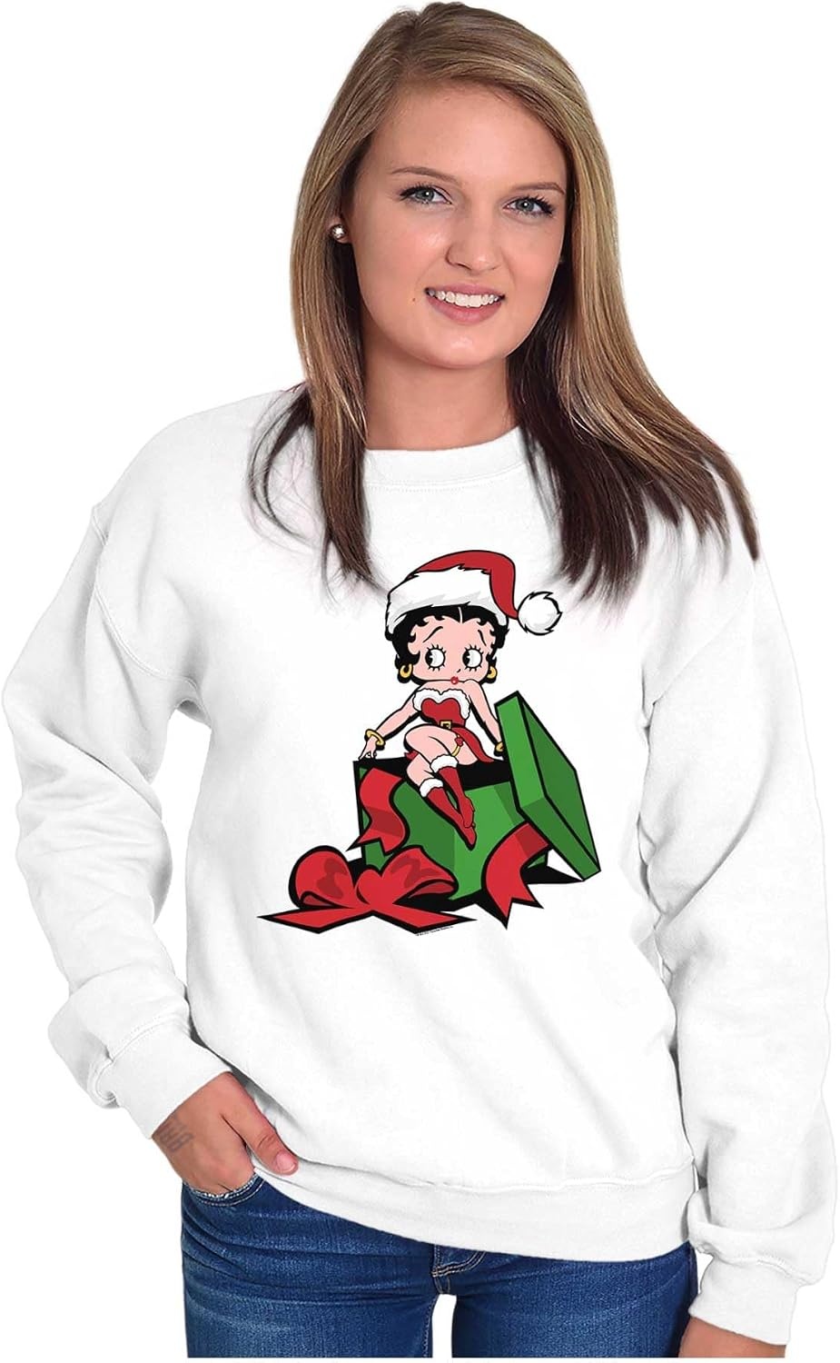 image:imageBrisco Brands Betty Boop Christmas Cute Holiday Women Crewneck SweatshirtWhite