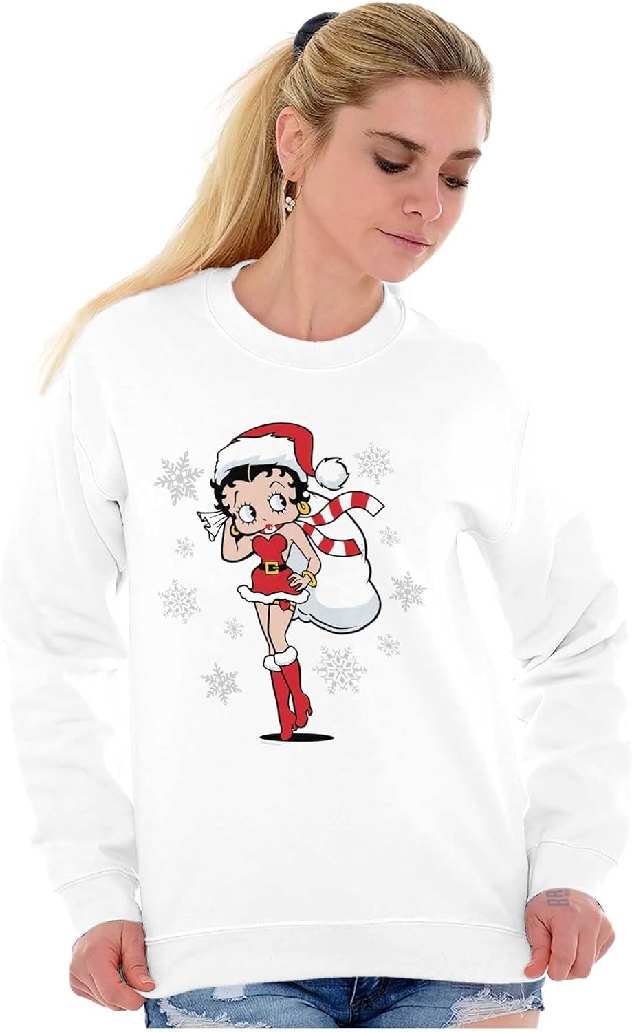 image:imageBrisco Brands Betty Boop Christmas Holiday Cute Women Crewneck SweatshirtWhite