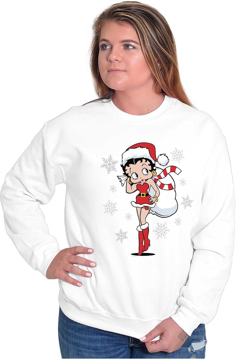 image:imageBrisco Brands Betty Boop Christmas Holiday Cute Women Crewneck SweatshirtWhite