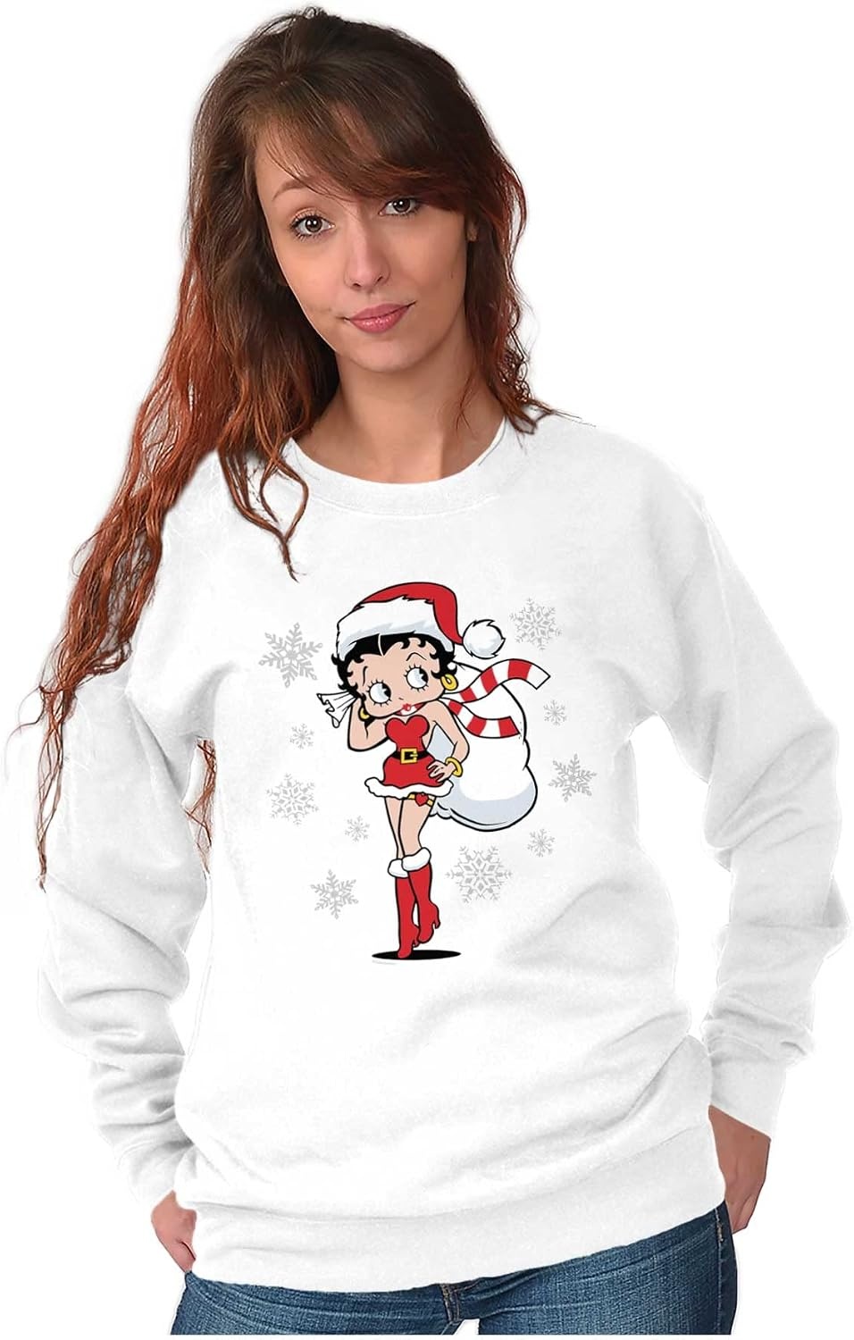 image:imageBrisco Brands Betty Boop Christmas Holiday Cute Women Crewneck SweatshirtWhite