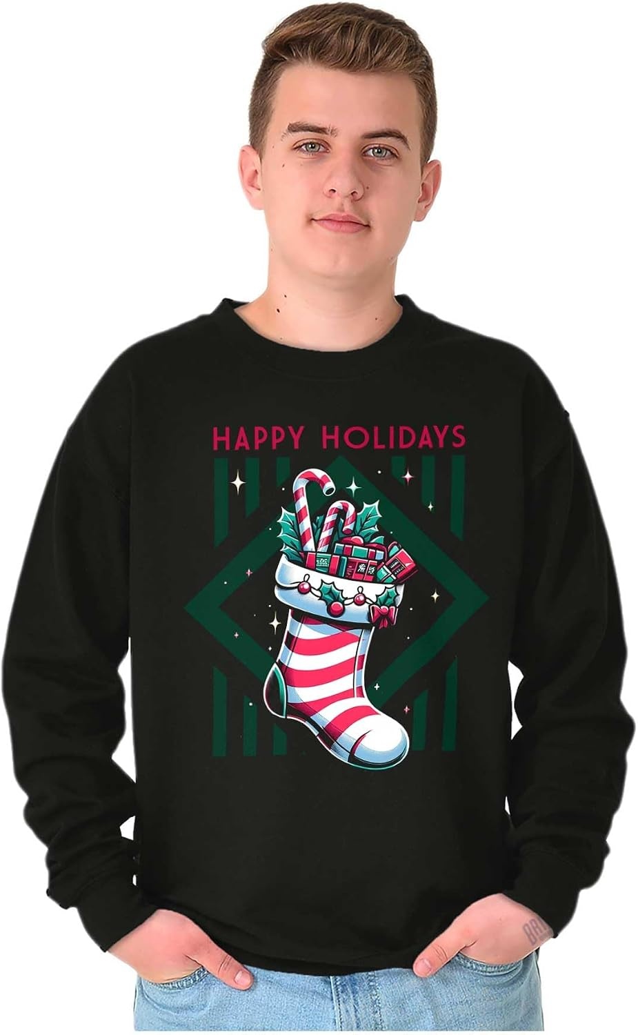 image:imageBrisco Brands Christmas Happy Holidays Stocking Sweatshirt for Men or WomenBlack