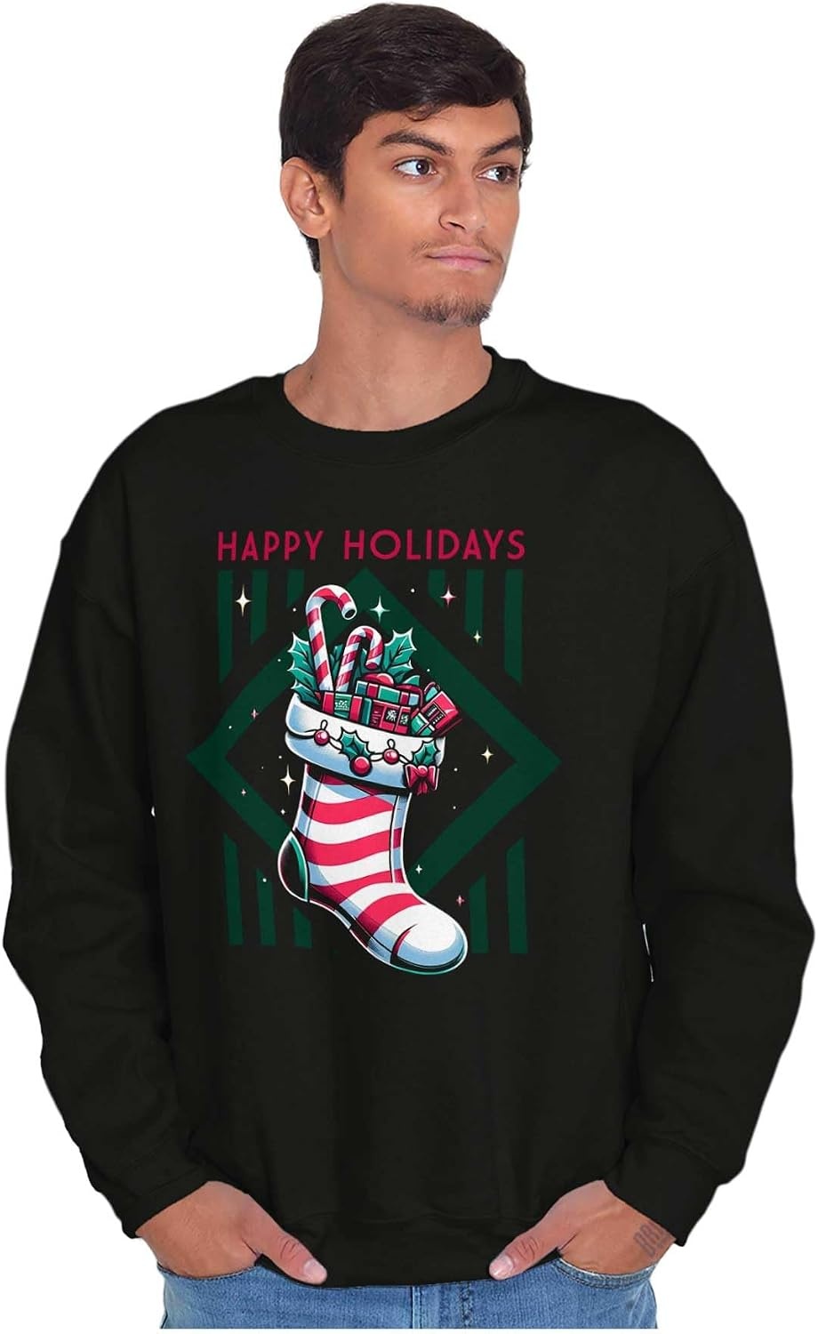 image:imageBrisco Brands Christmas Happy Holidays Stocking Sweatshirt for Men or WomenBlack