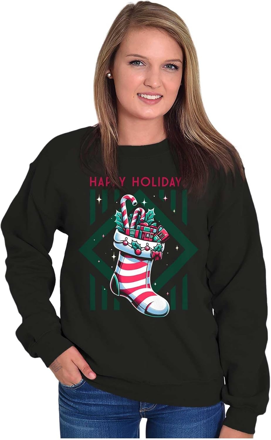 image:imageBrisco Brands Christmas Happy Holidays Stocking Sweatshirt for Men or WomenBlack
