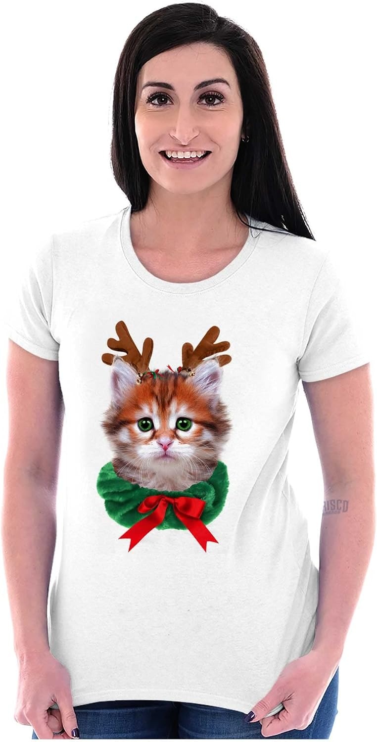 image:imageBrisco Brands Christmas Reindeer Kitten Adorable Womens Slim Fit Graphic Tee