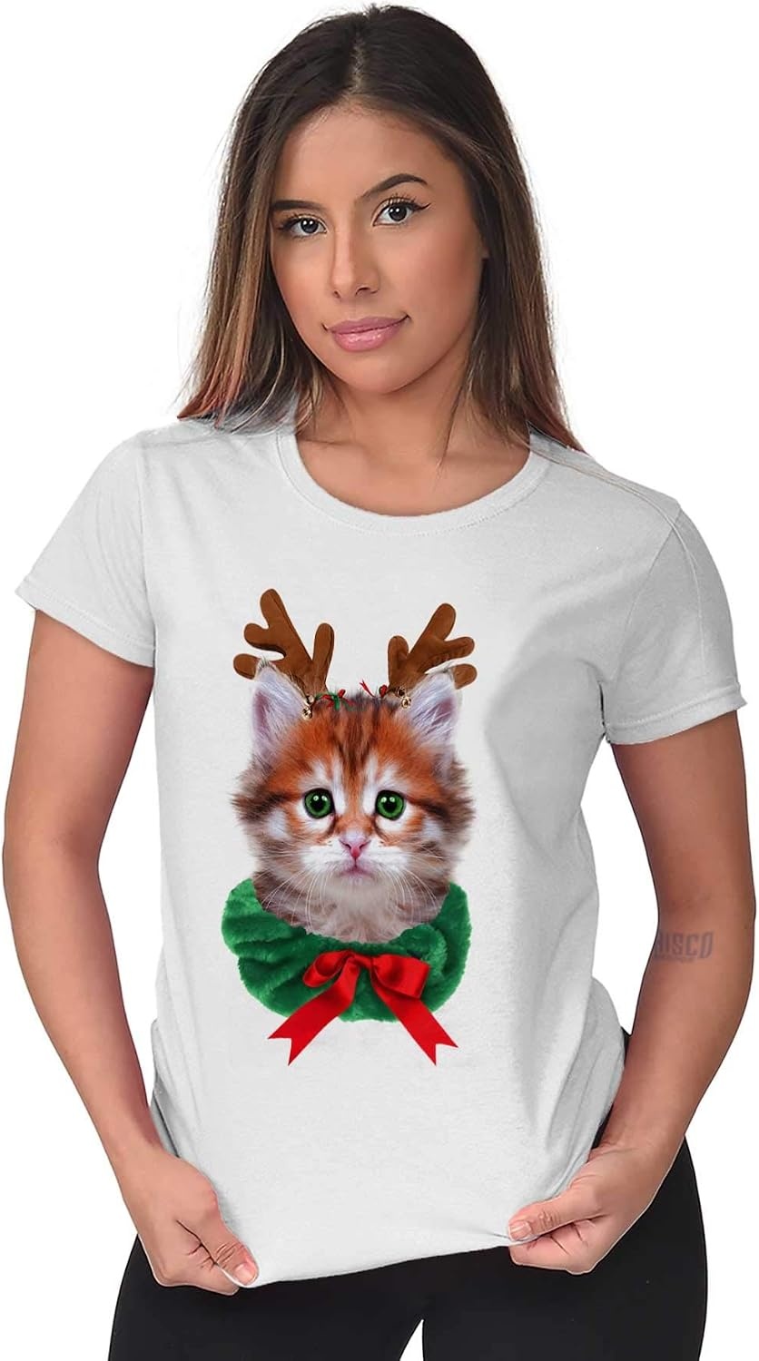 image:imageBrisco Brands Christmas Reindeer Kitten Adorable Womens Slim Fit Graphic Tee