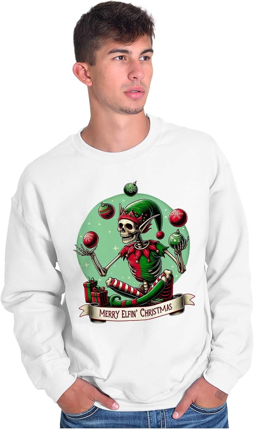 image:imageBrisco Brands Christmas Skeleton Juggling Elf Sweatshirt for Men or WomenWhite