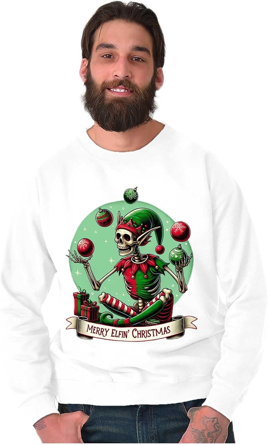 image:imageBrisco Brands Christmas Skeleton Juggling Elf Sweatshirt for Men or WomenWhite