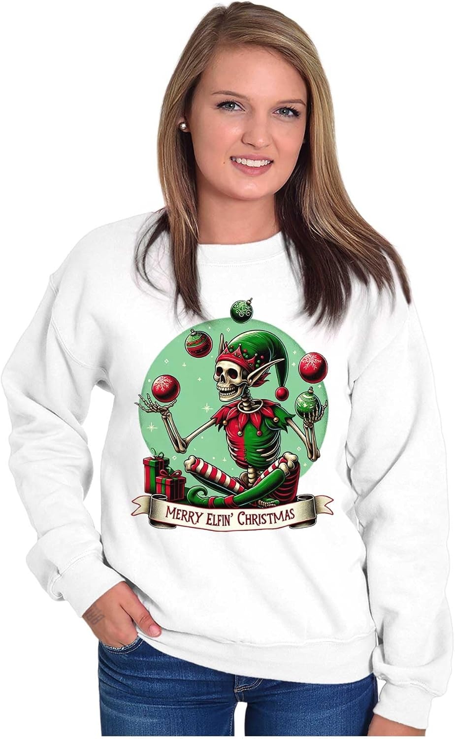 image:imageBrisco Brands Christmas Skeleton Juggling Elf Sweatshirt for Men or WomenWhite