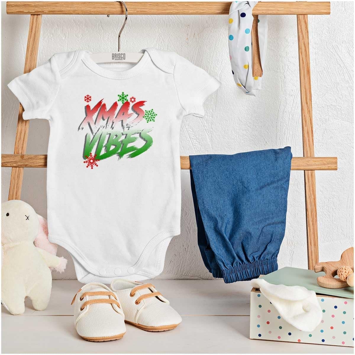 image:imageBrisco Brands Christmas Snowflakes Xmas Vibes Baby Romper Boys or GirlsWhite