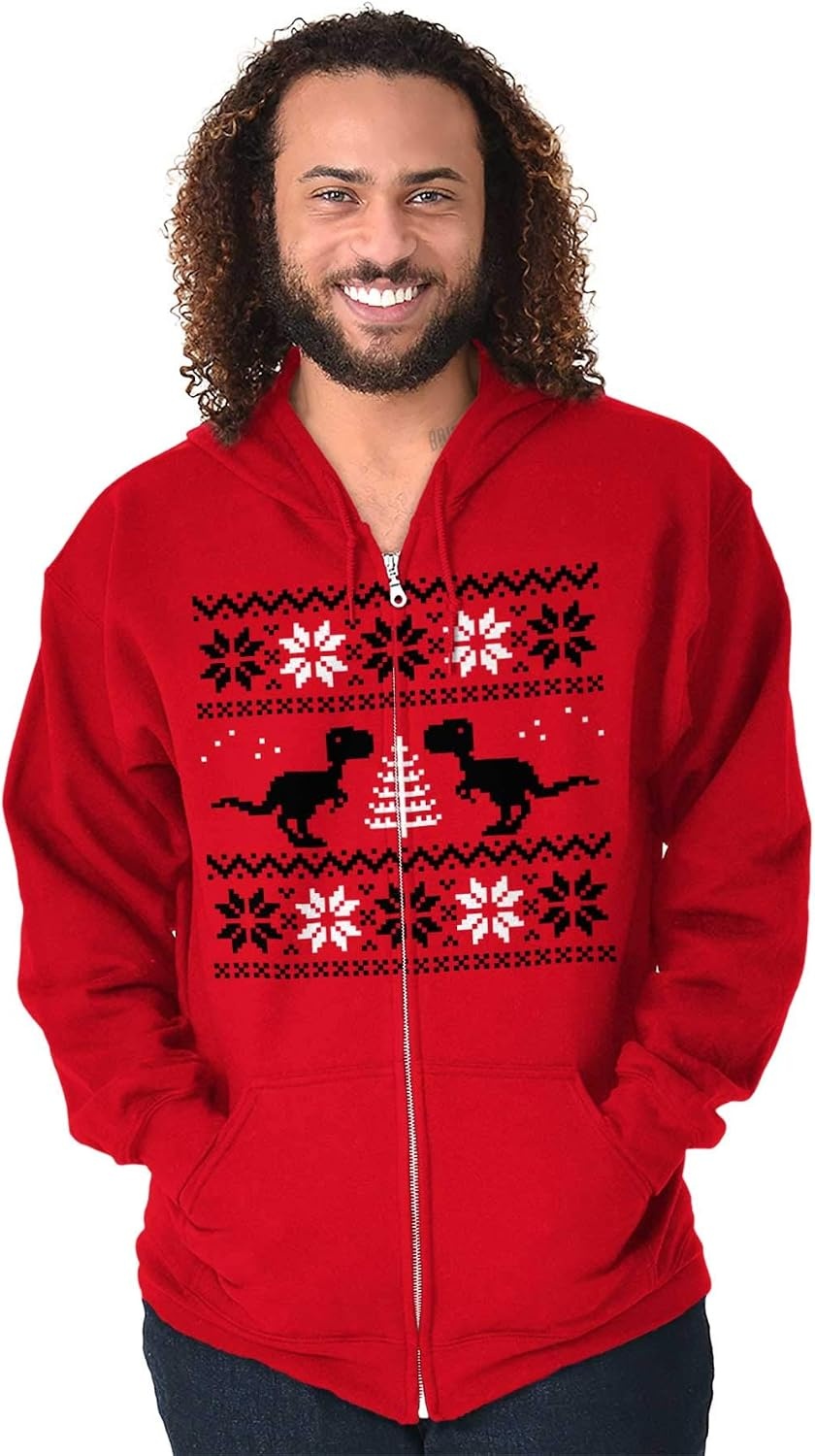 image:imageBrisco Brands Christmas TRex Dinosaur Party Zip Up Hoodie Mens Womens