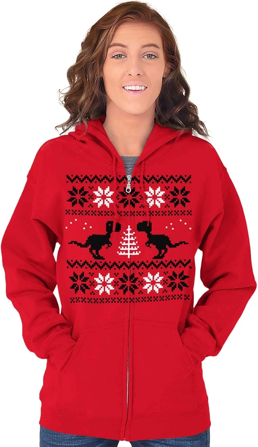 image:imageBrisco Brands Christmas TRex Dinosaur Party Zip Up Hoodie Mens Womens