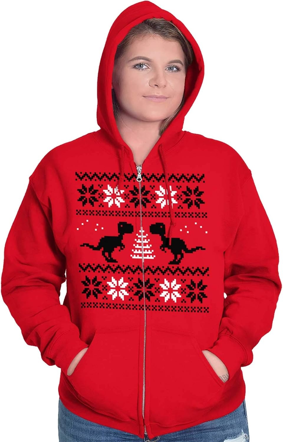 image:imageBrisco Brands Christmas TRex Dinosaur Party Zip Up Hoodie Mens Womens