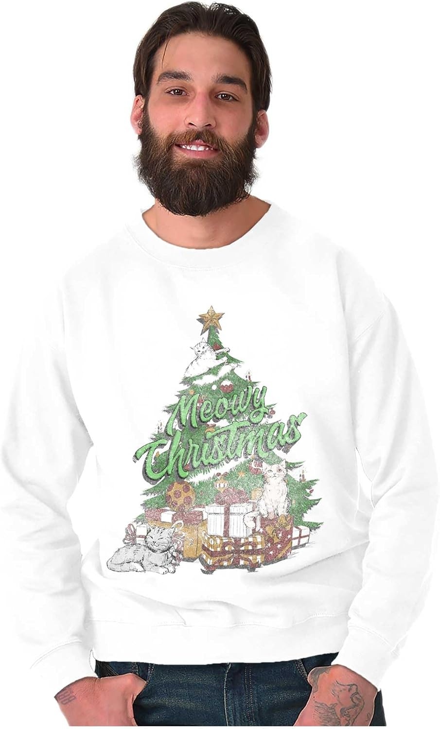 image:imageBrisco Brands Classic Meowy Christmas Tree Kittens Sweatshirt for Men or WomenWhite