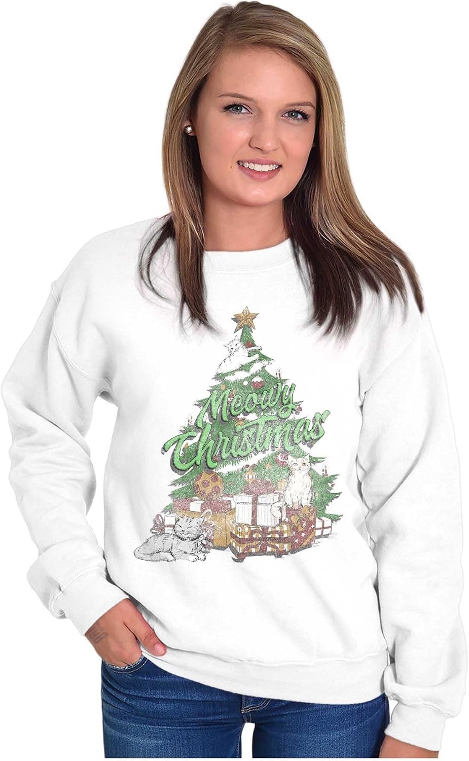 image:imageBrisco Brands Classic Meowy Christmas Tree Kittens Sweatshirt for Men or WomenWhite