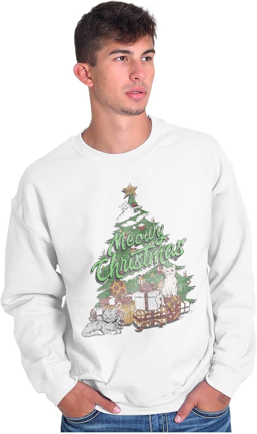 image:imageBrisco Brands Classic Meowy Christmas Tree Kittens Sweatshirt for Men or WomenWhite