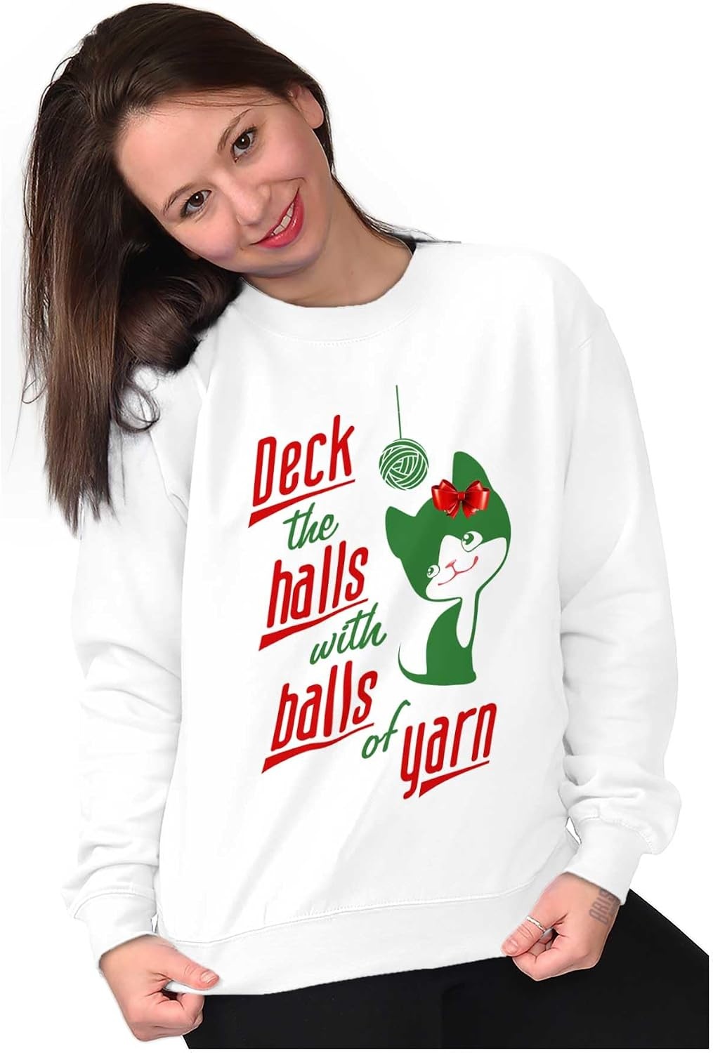 image:imageBrisco Brands Deck The Halls with Balls of Yarn Women Crewneck SweatshirtWhite