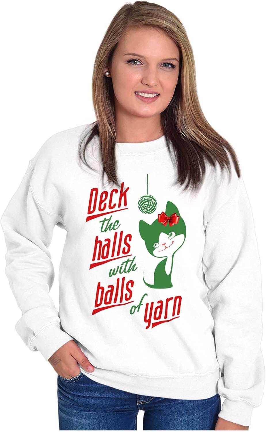 image:imageBrisco Brands Deck The Halls with Balls of Yarn Women Crewneck SweatshirtWhite