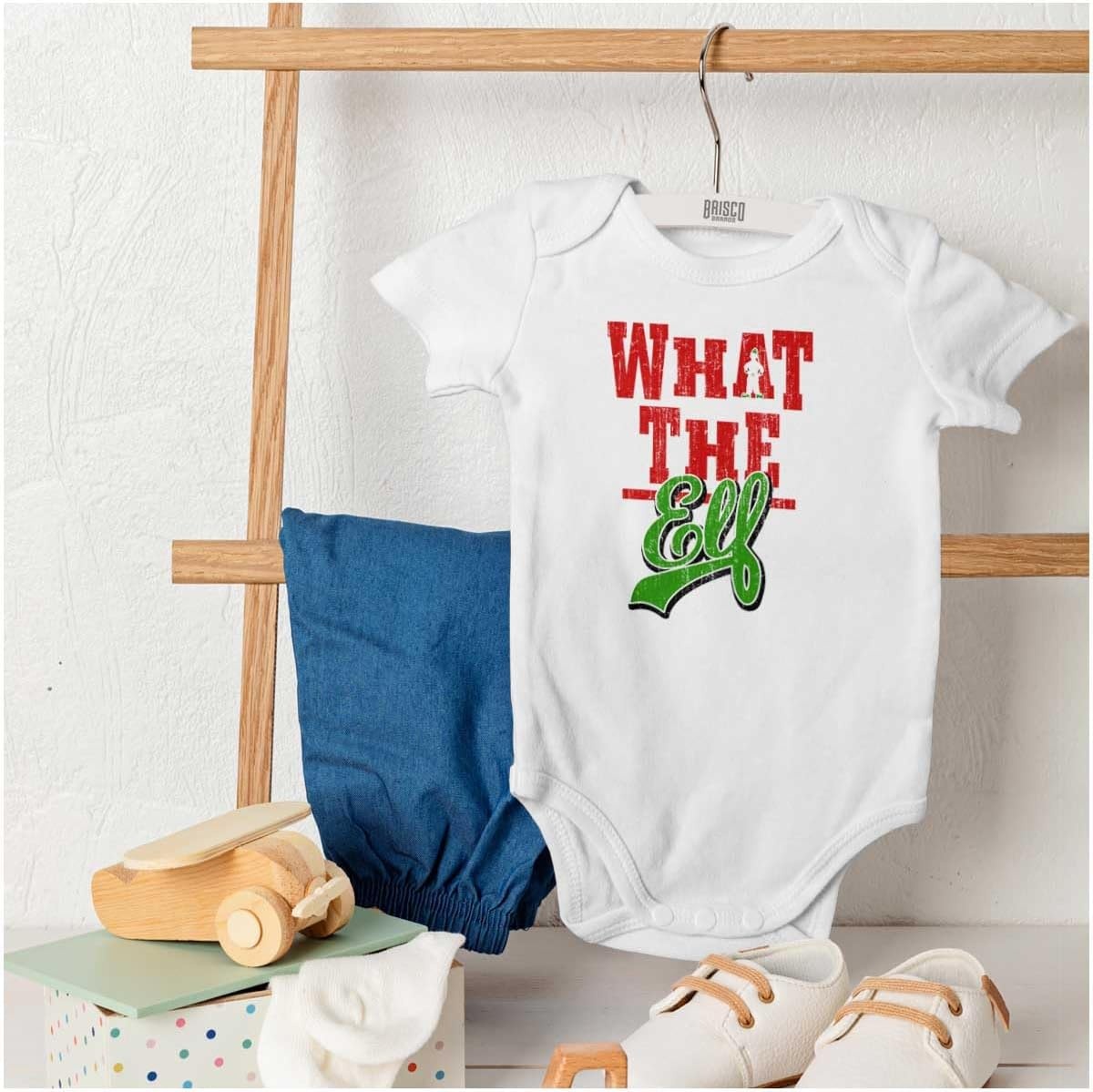 image:imageBrisco Brands Funny Christmas What the Elf Xmas Baby Romper Boys or GirlsWhite