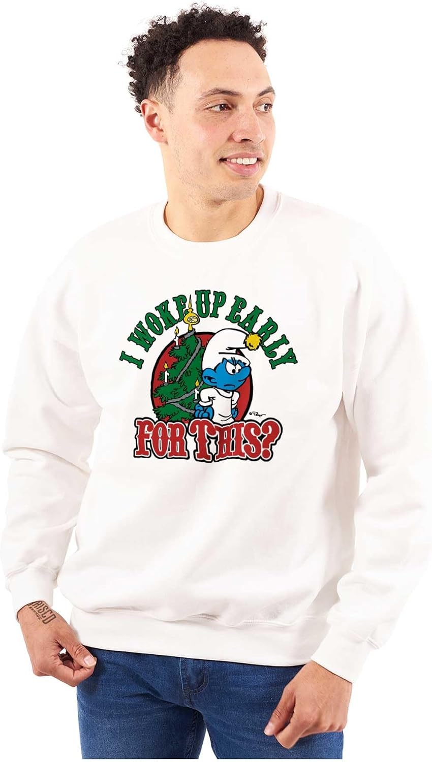 image:imageBrisco Brands Grumpy Smurf Christmas Xmas Tree Sweatshirt for Men or WomenWhite