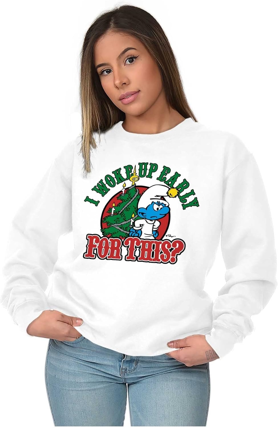 image:imageBrisco Brands Grumpy Smurf Christmas Xmas Tree Sweatshirt for Men or WomenWhite
