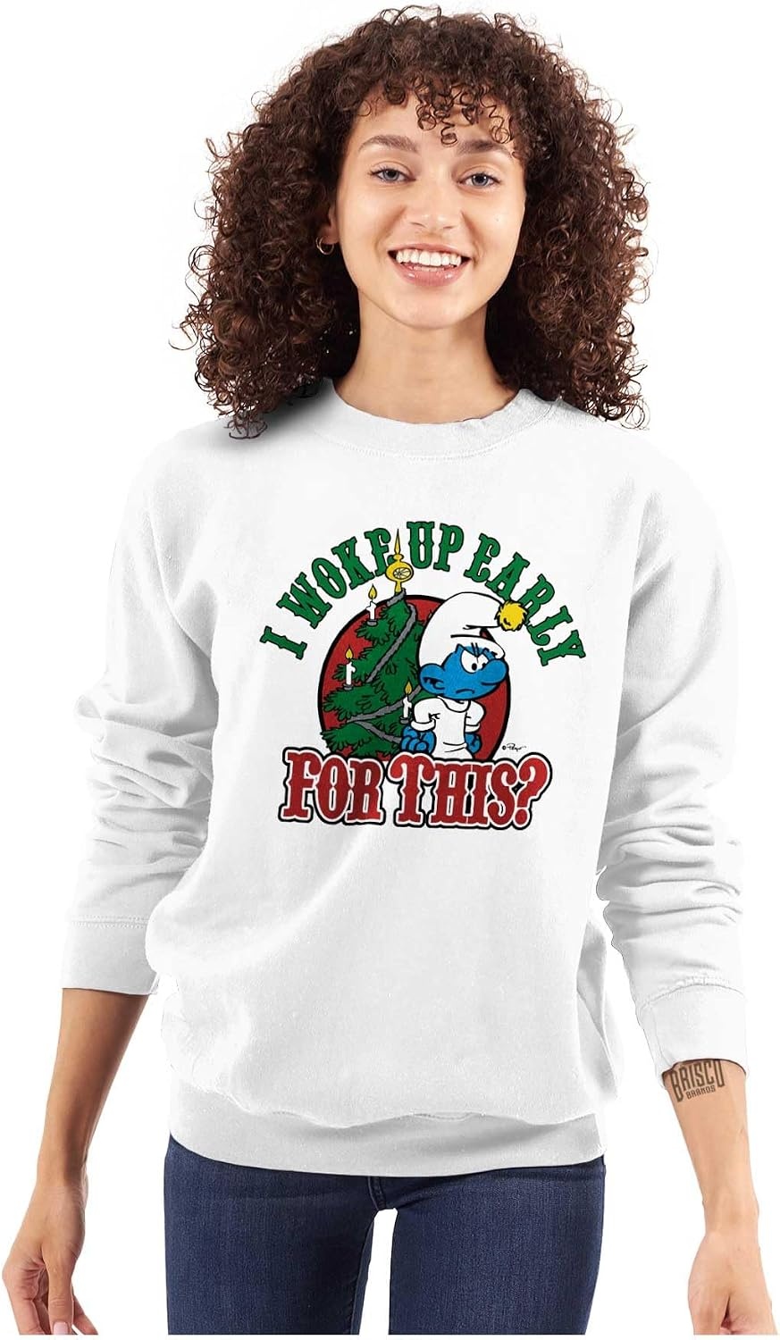 image:imageBrisco Brands Grumpy Smurf Christmas Xmas Tree Sweatshirt for Men or WomenWhite