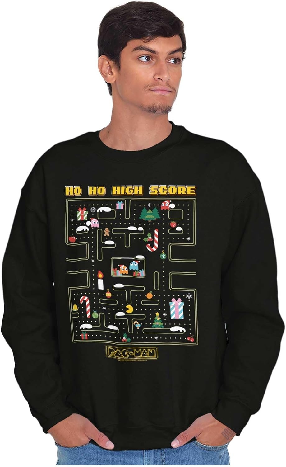 image:imageBrisco Brands PACMAN Christmas Maze Video Game Sweatshirt for Men or WomenBlack