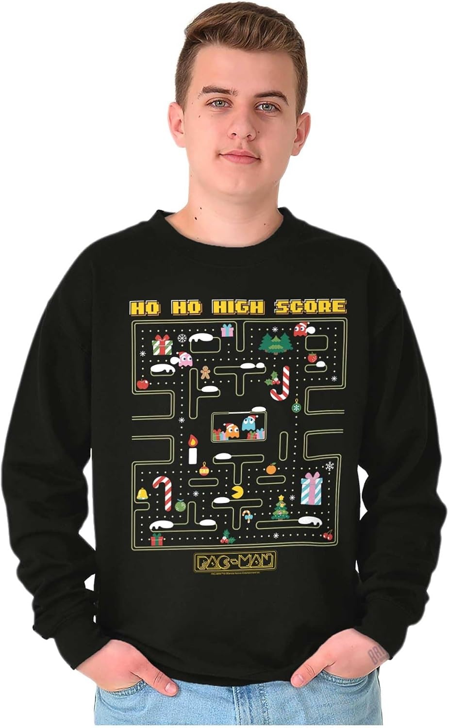 image:imageBrisco Brands PACMAN Christmas Maze Video Game Sweatshirt for Men or WomenBlack