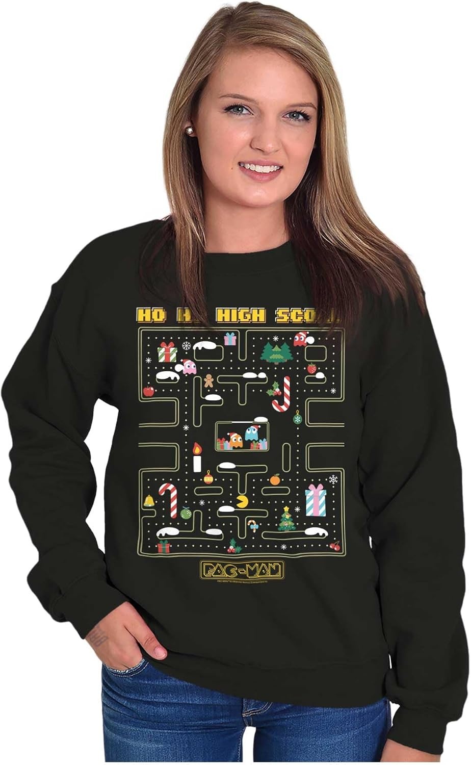 image:imageBrisco Brands PACMAN Christmas Maze Video Game Sweatshirt for Men or WomenBlack