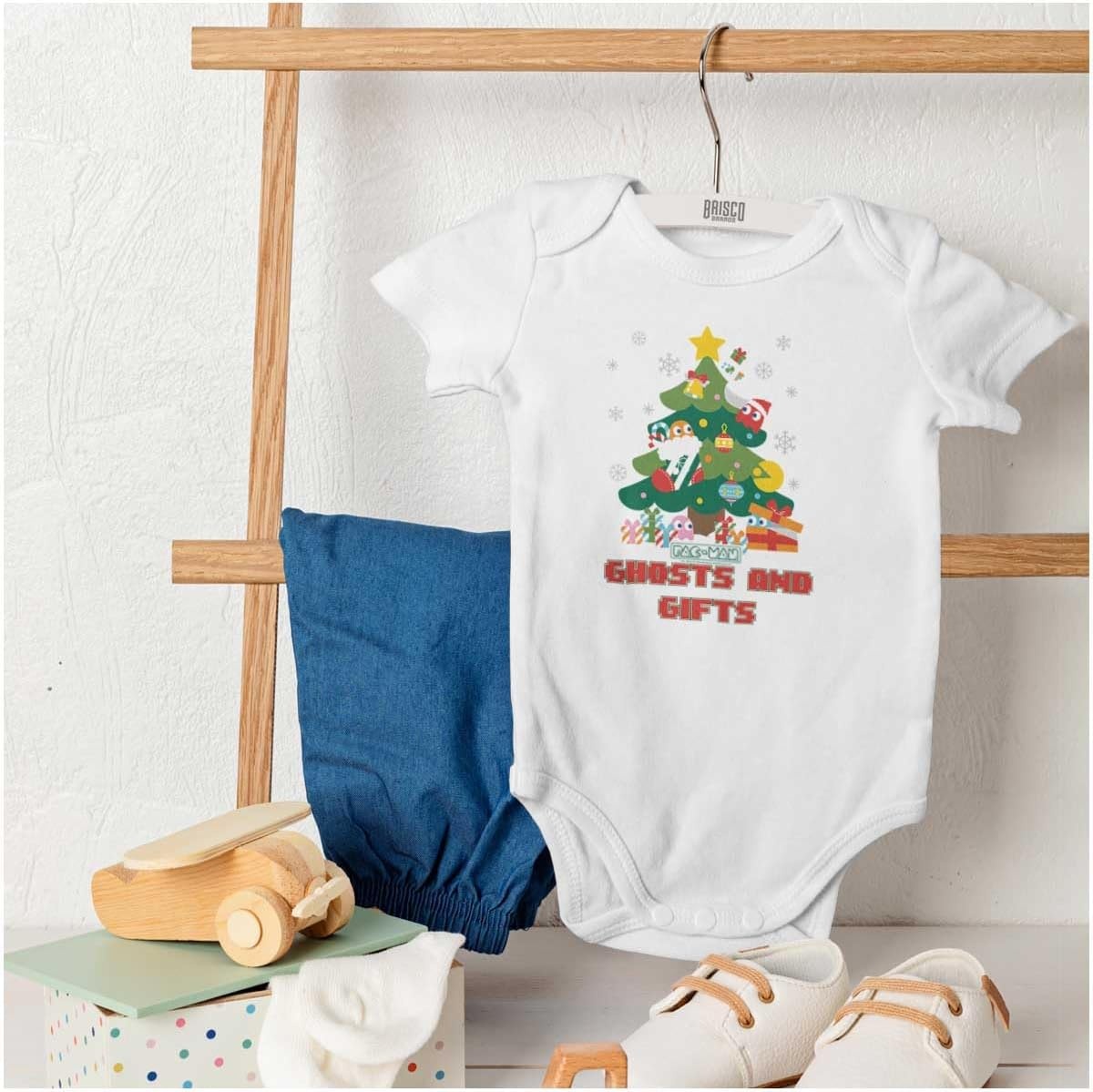 image:imageBrisco Brands PACMAN Christmas Tree Ghost and Gifts Baby Romper Boys or GirlsWhite