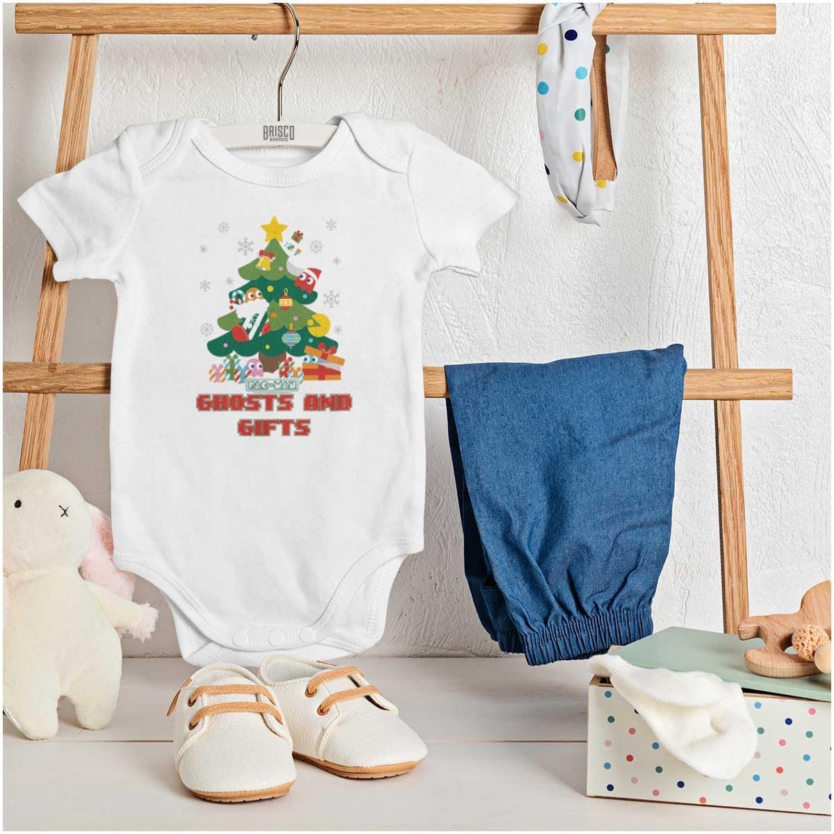image:imageBrisco Brands PACMAN Christmas Tree Ghost and Gifts Baby Romper Boys or GirlsWhite