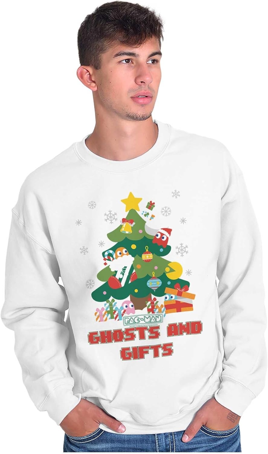 image:imageBrisco Brands PACMAN Christmas Tree Ghost and Gifts Sweatshirt for Men or WomenWhite