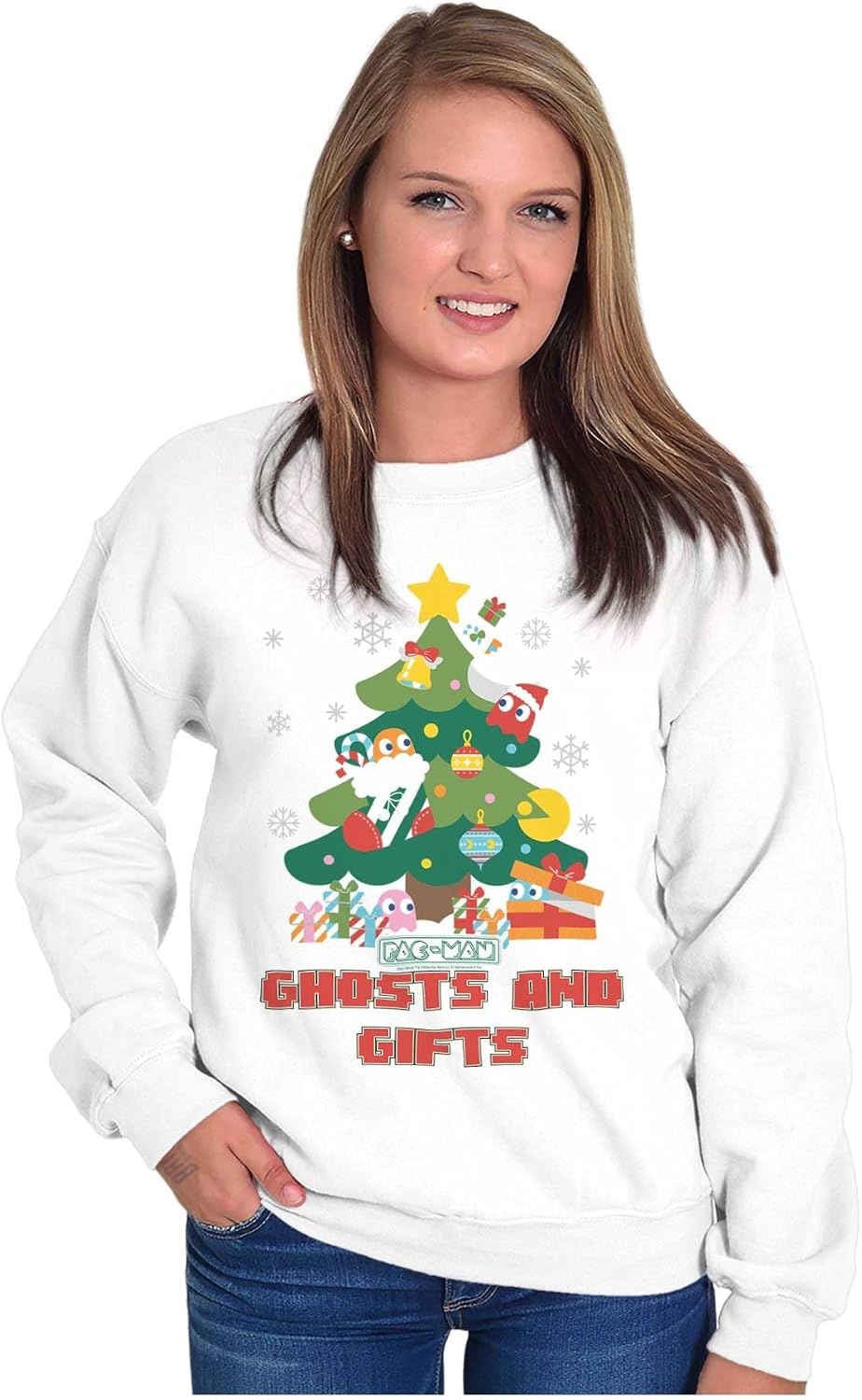 image:imageBrisco Brands PACMAN Christmas Tree Ghost and Gifts Sweatshirt for Men or WomenWhite