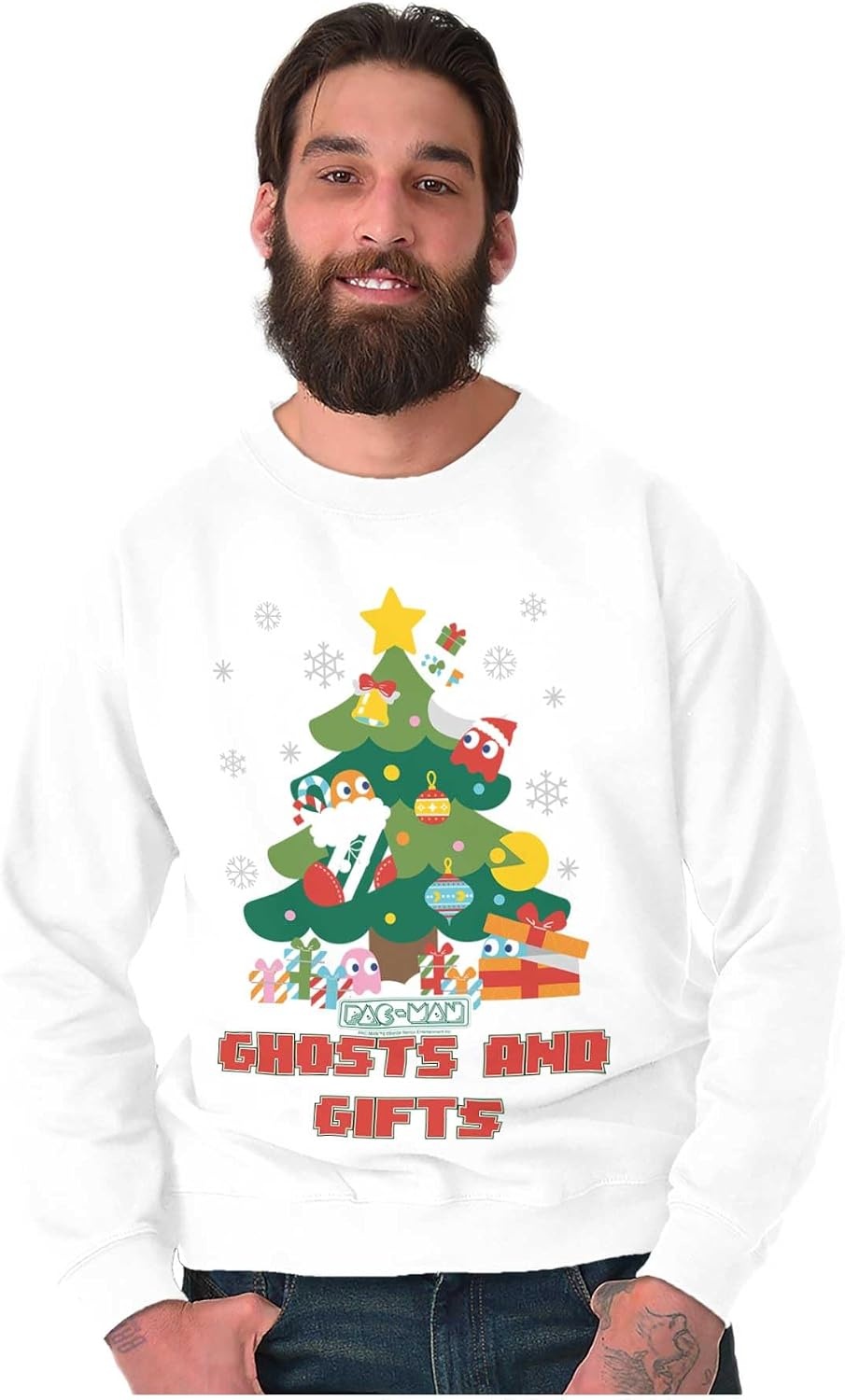 image:imageBrisco Brands PACMAN Christmas Tree Ghost and Gifts Sweatshirt for Men or WomenWhite