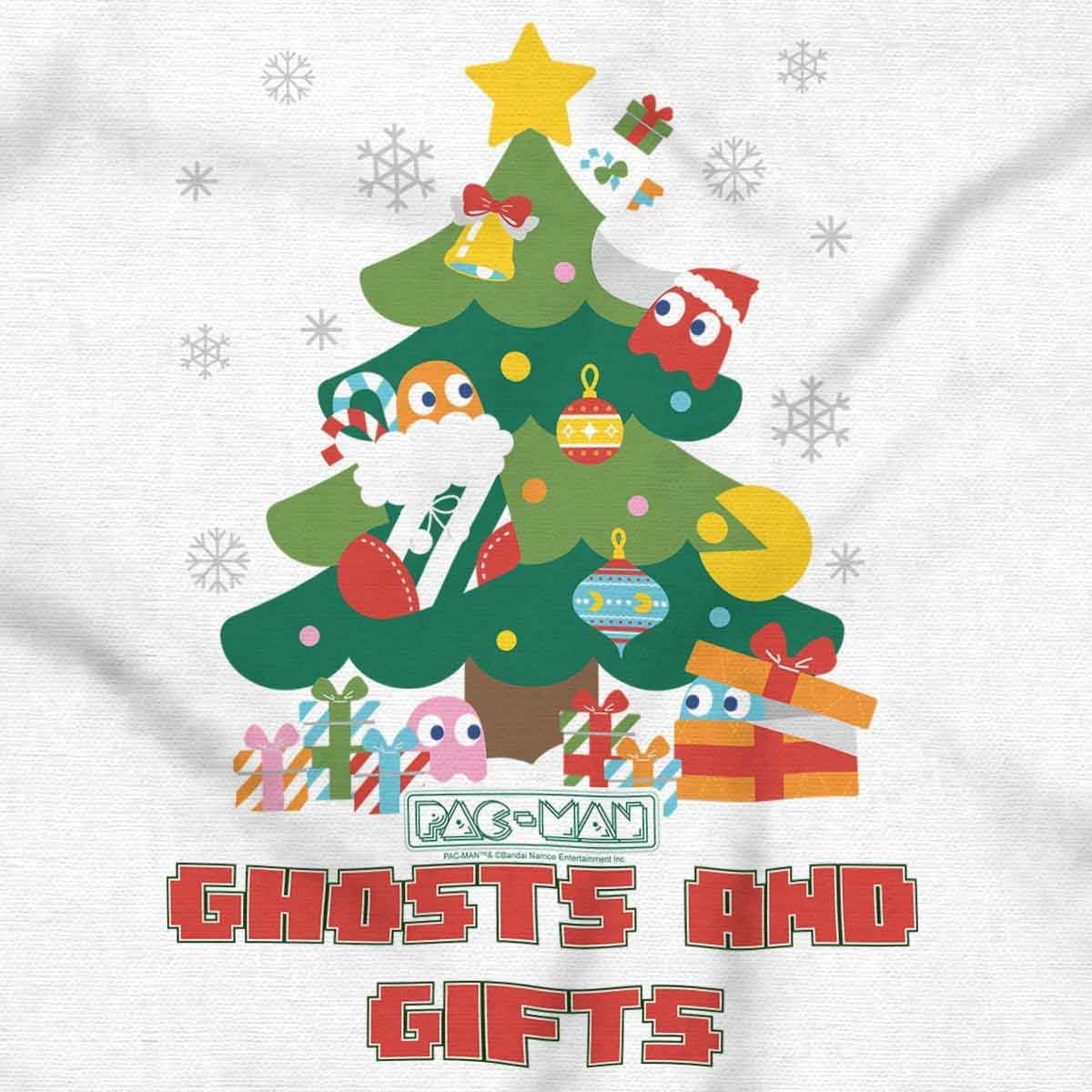 image:imageBrisco Brands PACMAN Christmas Tree Ghost and Gifts Sweatshirt for Men or WomenWhite
