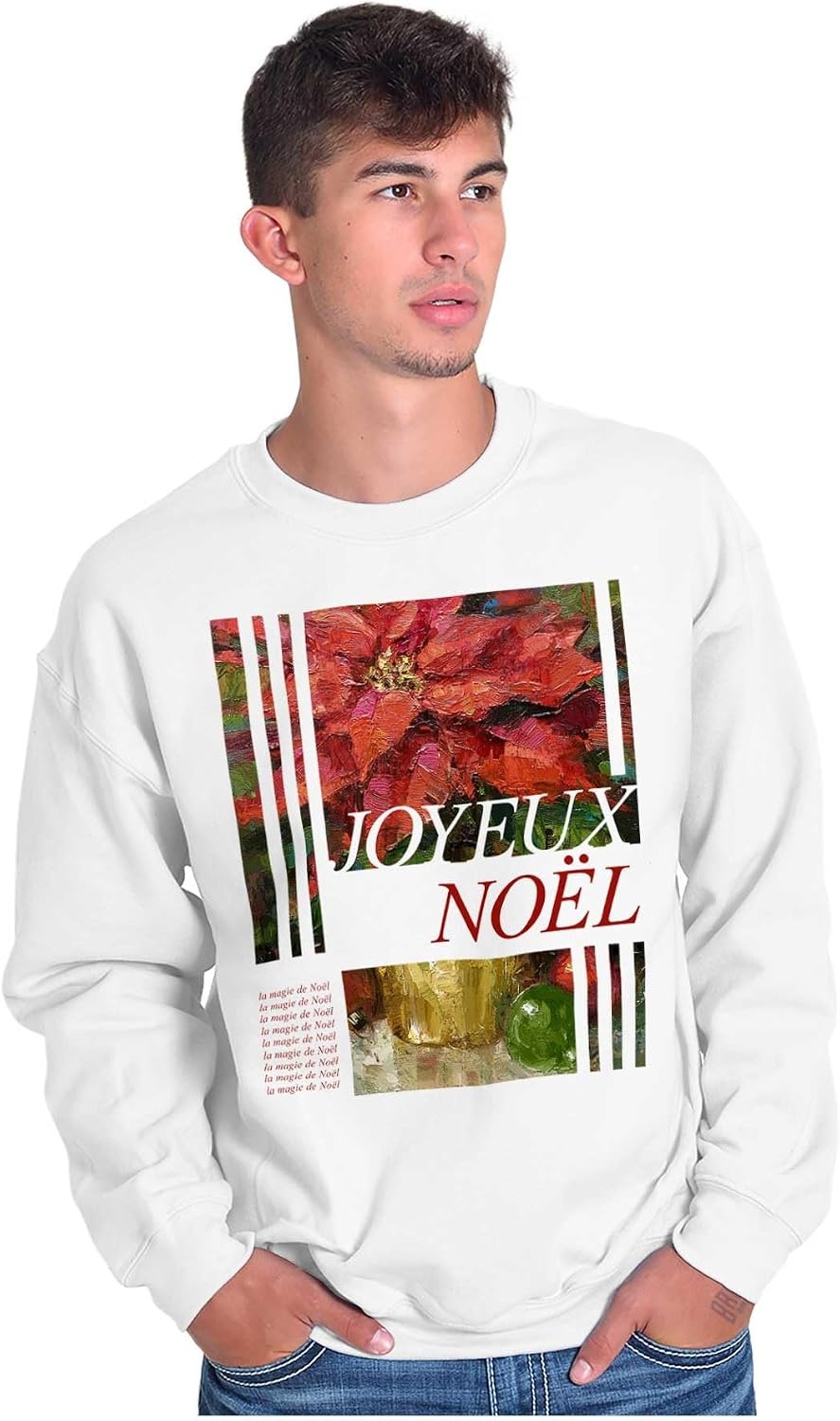 image:imageBrisco Brands Poinsettia Christmas Joyeux Noel Sweatshirt for Men or WomenWhite