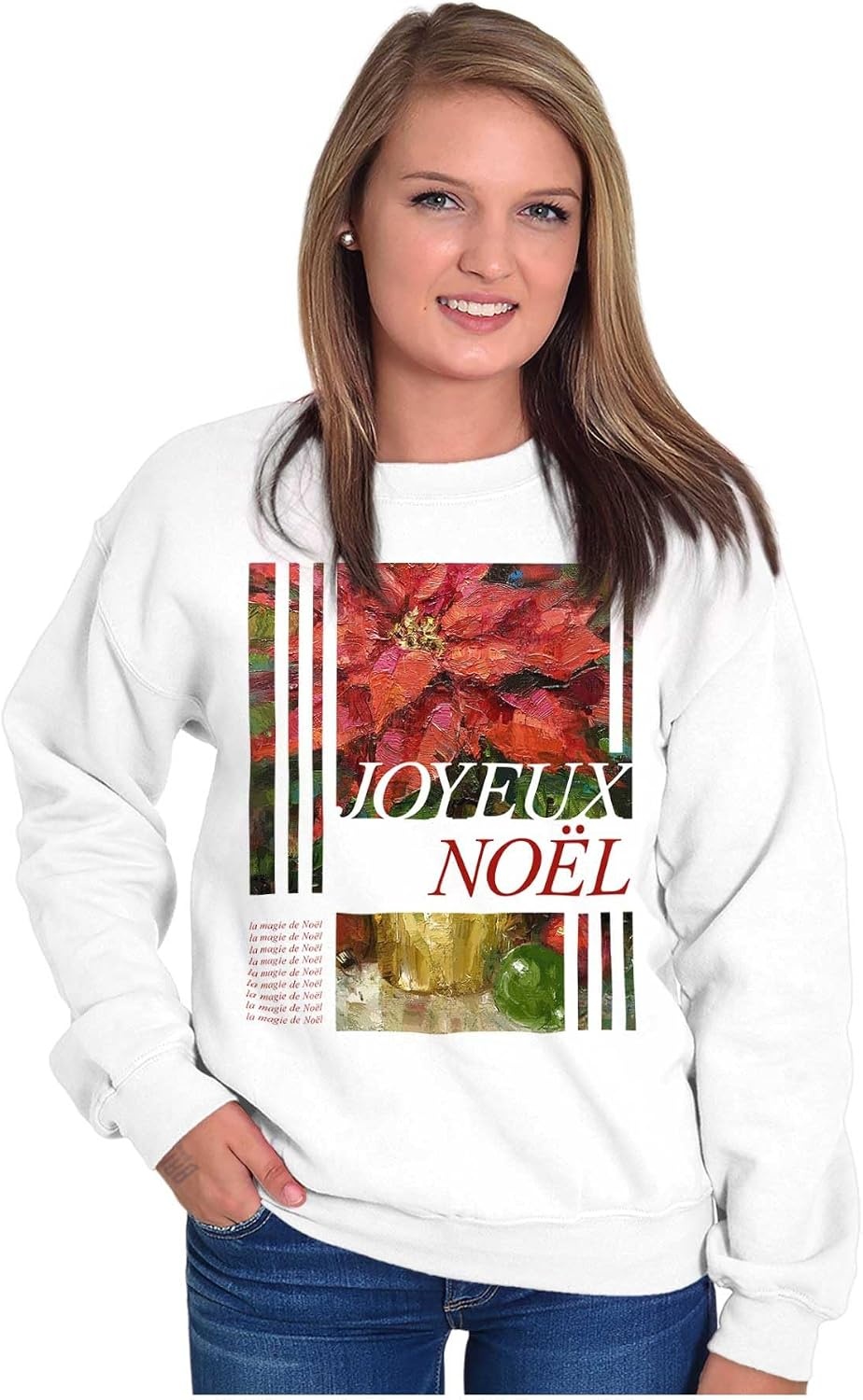 image:imageBrisco Brands Poinsettia Christmas Joyeux Noel Sweatshirt for Men or WomenWhite