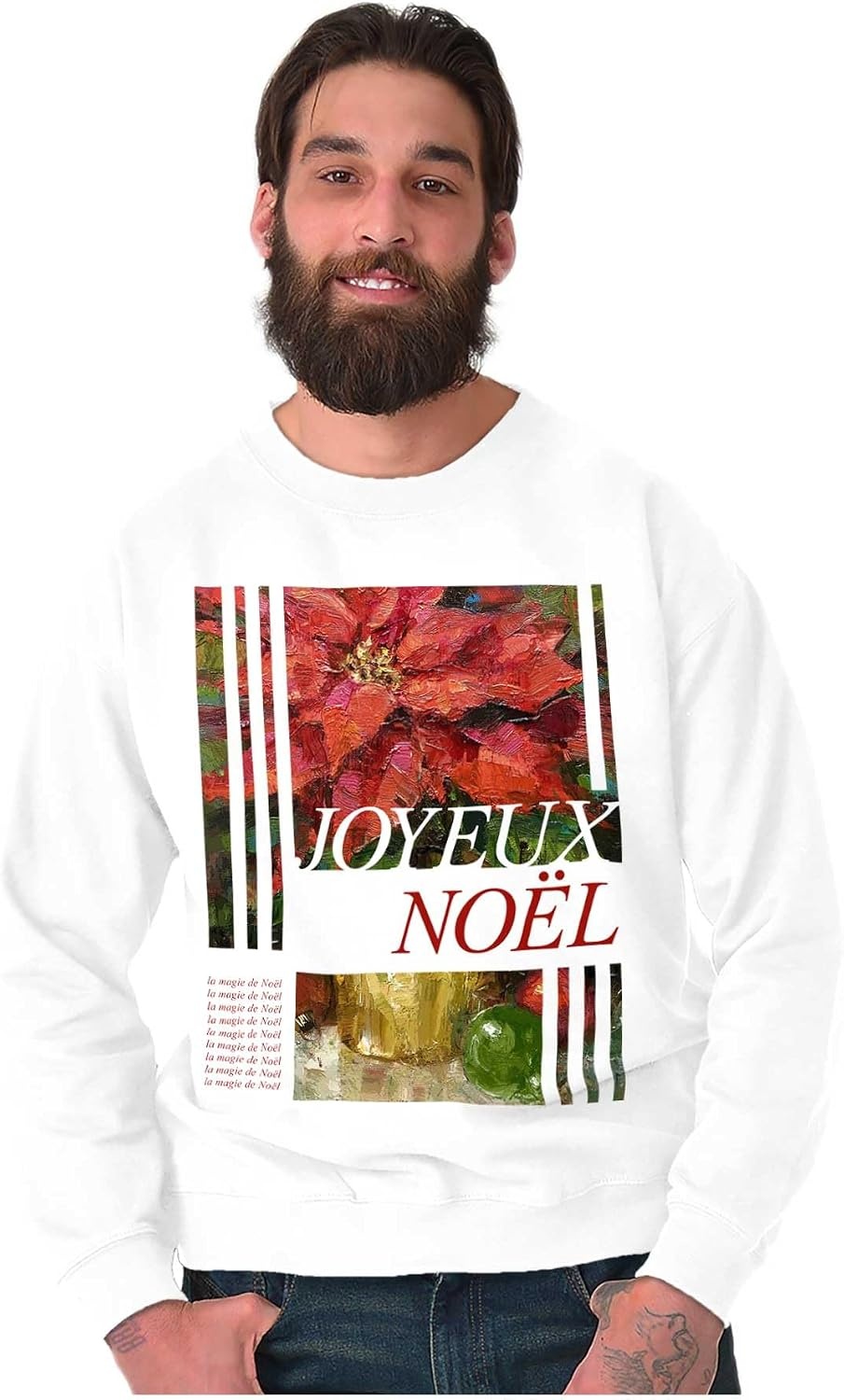 image:imageBrisco Brands Poinsettia Christmas Joyeux Noel Sweatshirt for Men or WomenWhite