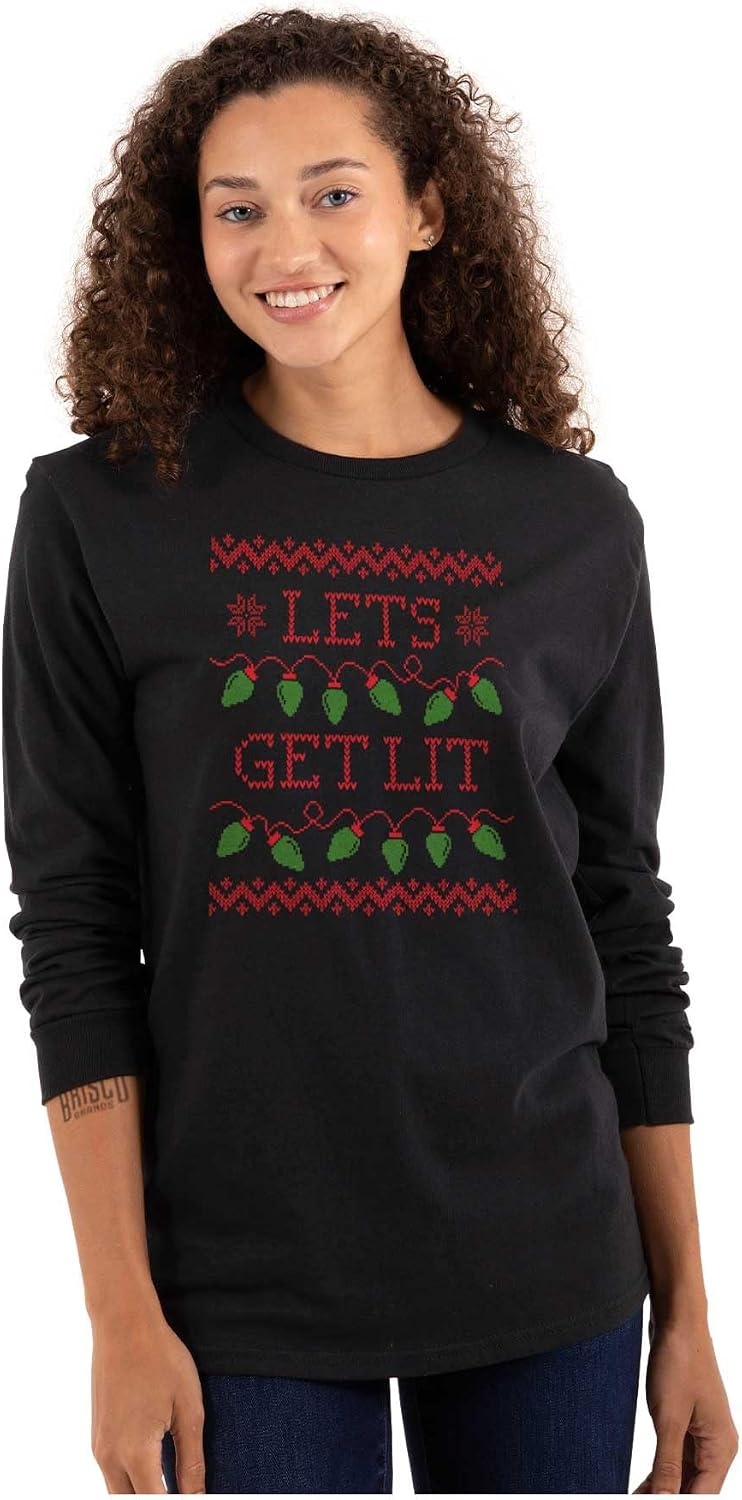 image:imageBrisco Brands Ugly Christmas Lights Lets Get Lit Long Sleeve Tshirt Men WomenBlack
