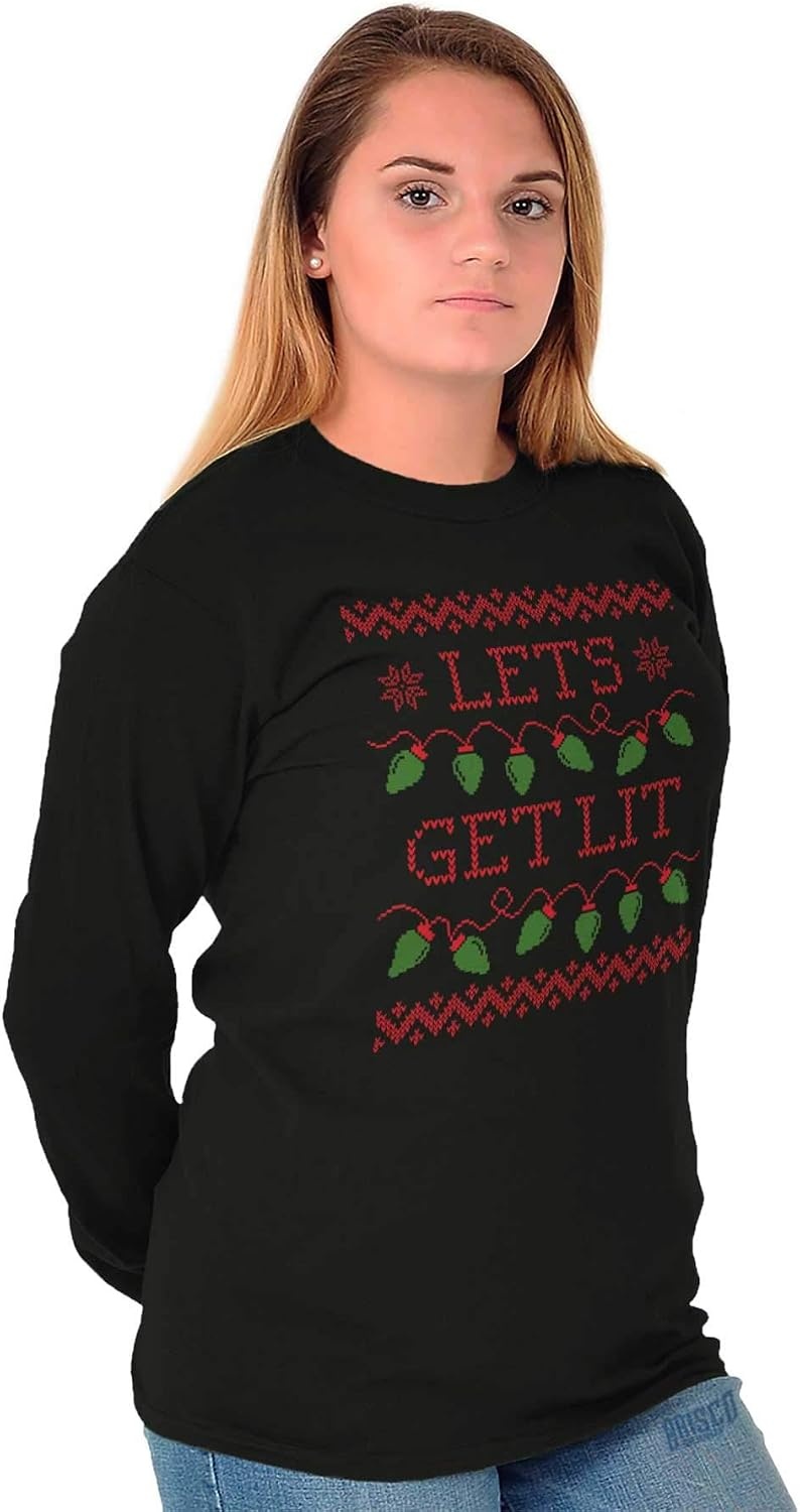 image:imageBrisco Brands Ugly Christmas Lights Lets Get Lit Long Sleeve Tshirt Men WomenBlack