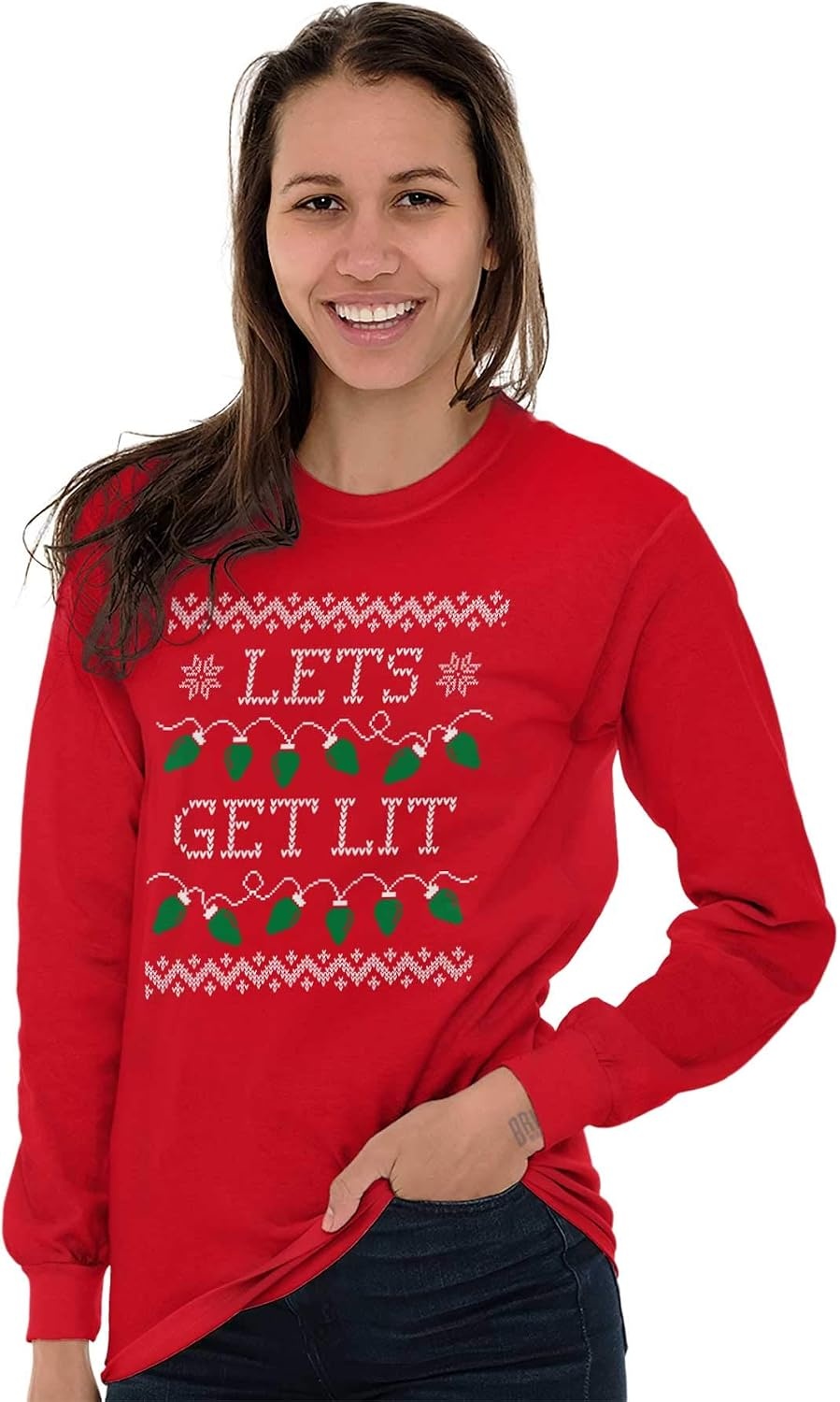 image:imageBrisco Brands Ugly Christmas Lights Lets Get Lit Long Sleeve Tshirt Men WomenRed