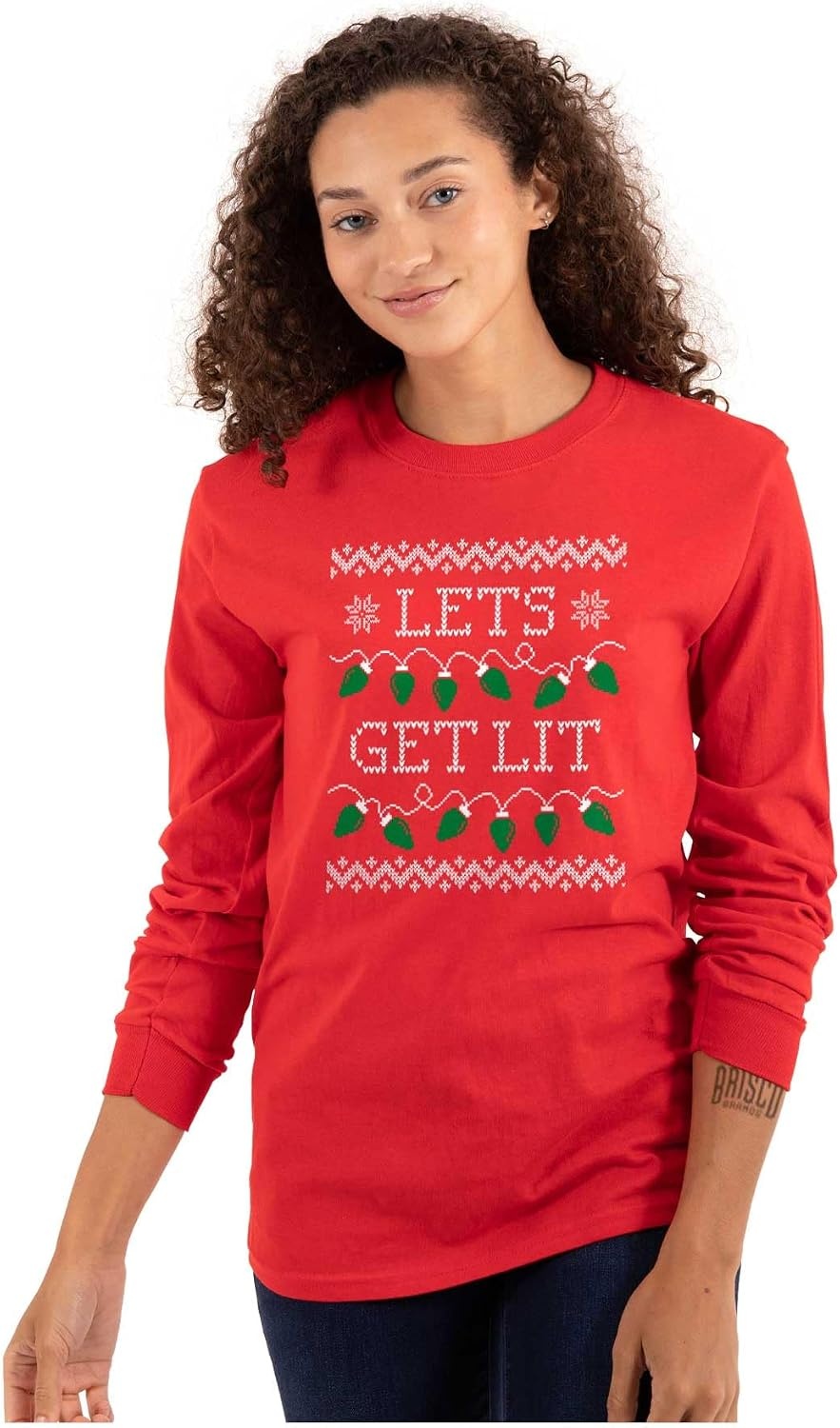image:imageBrisco Brands Ugly Christmas Lights Lets Get Lit Long Sleeve Tshirt Men WomenRed