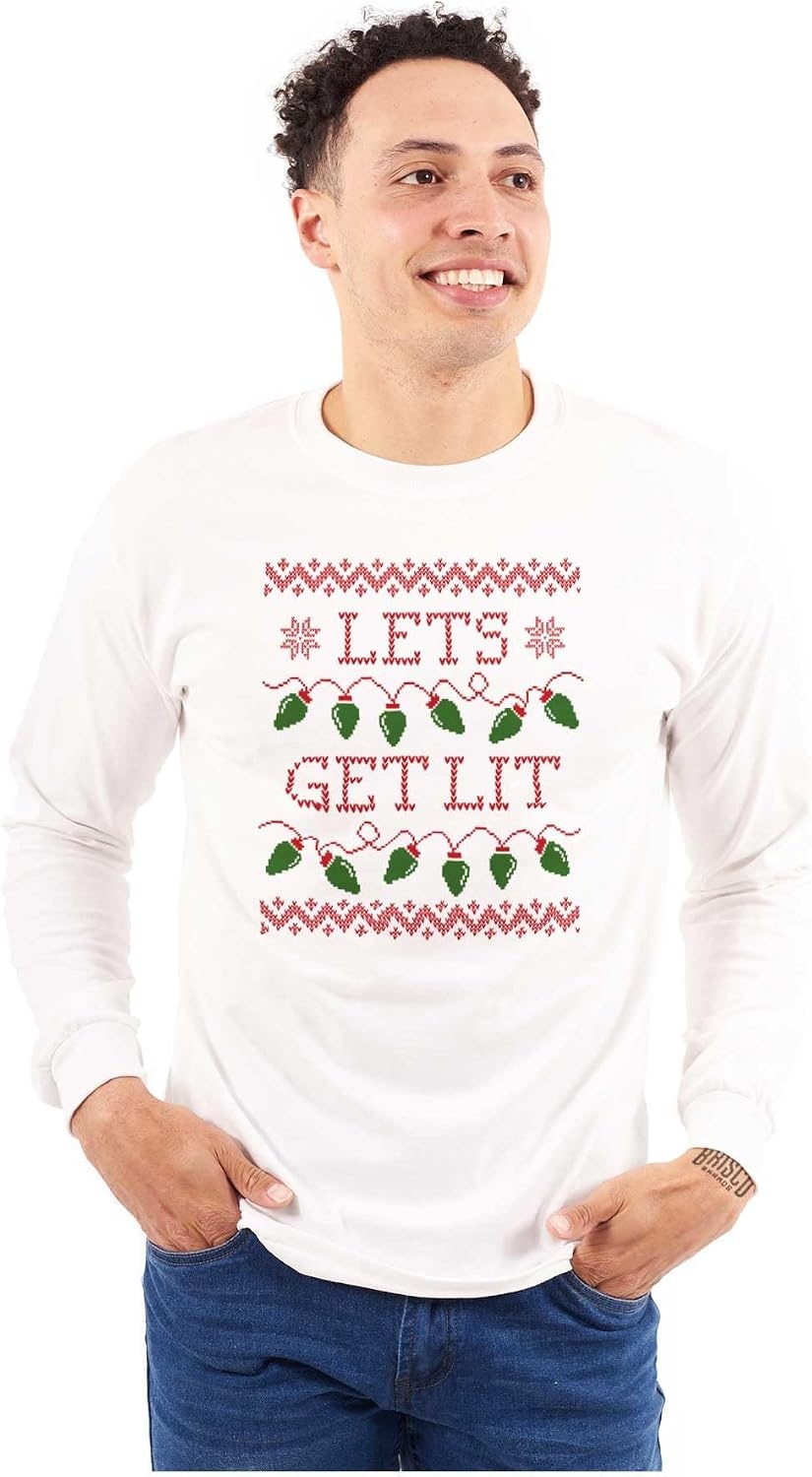 image:imageBrisco Brands Ugly Christmas Lights Lets Get Lit Long Sleeve Tshirt Men WomenWhite