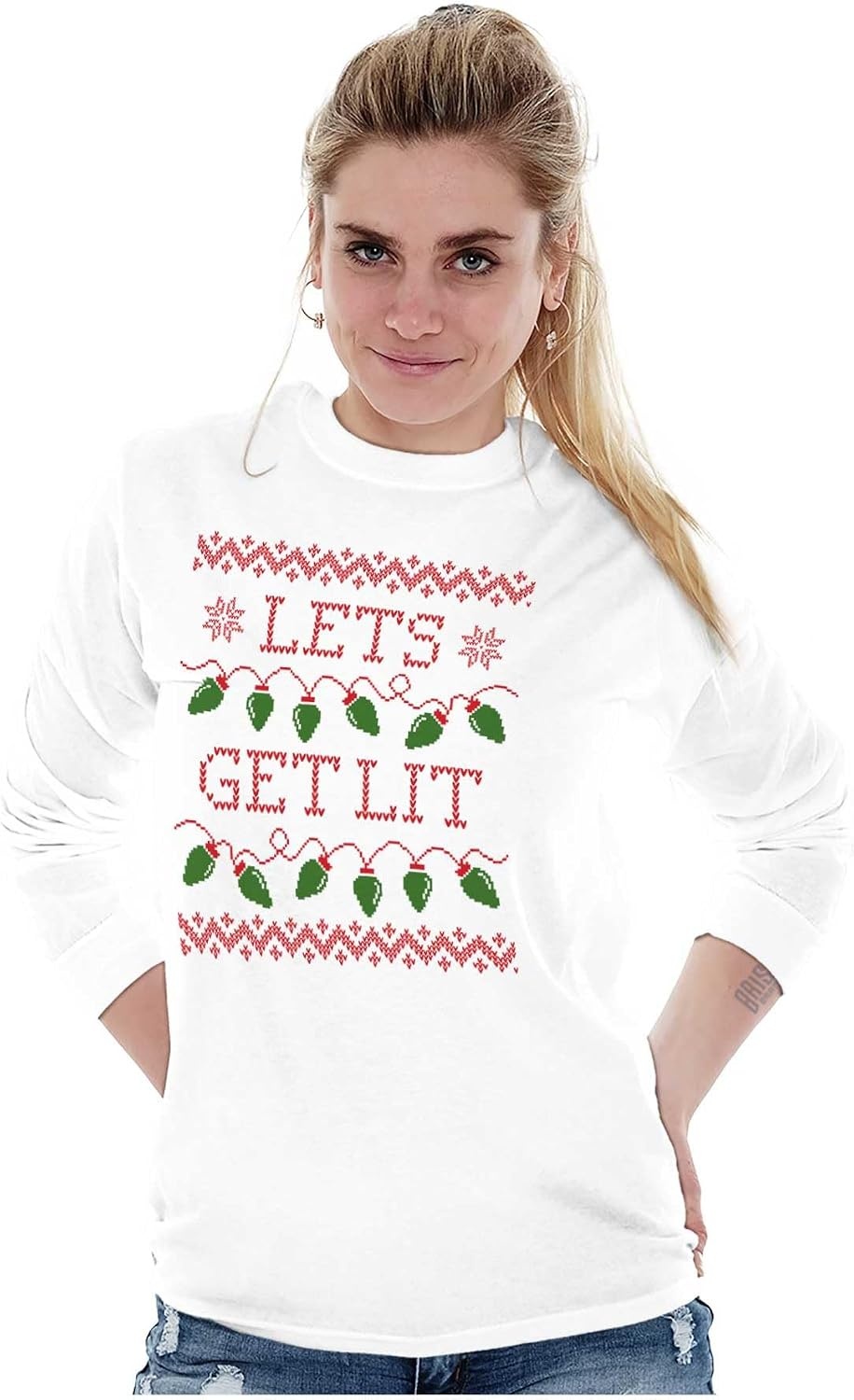 image:imageBrisco Brands Ugly Christmas Lights Lets Get Lit Long Sleeve Tshirt Men WomenWhite