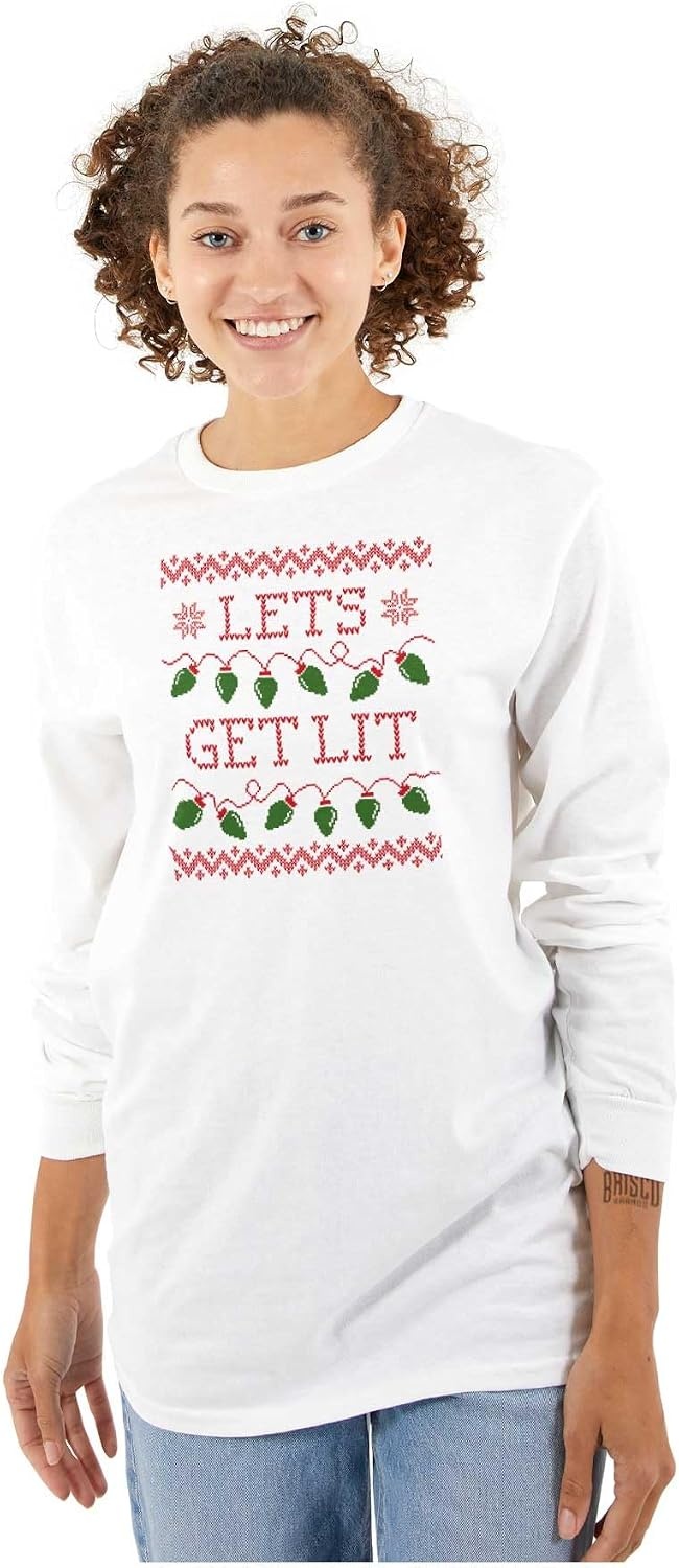 image:imageBrisco Brands Ugly Christmas Lights Lets Get Lit Long Sleeve Tshirt Men WomenWhite