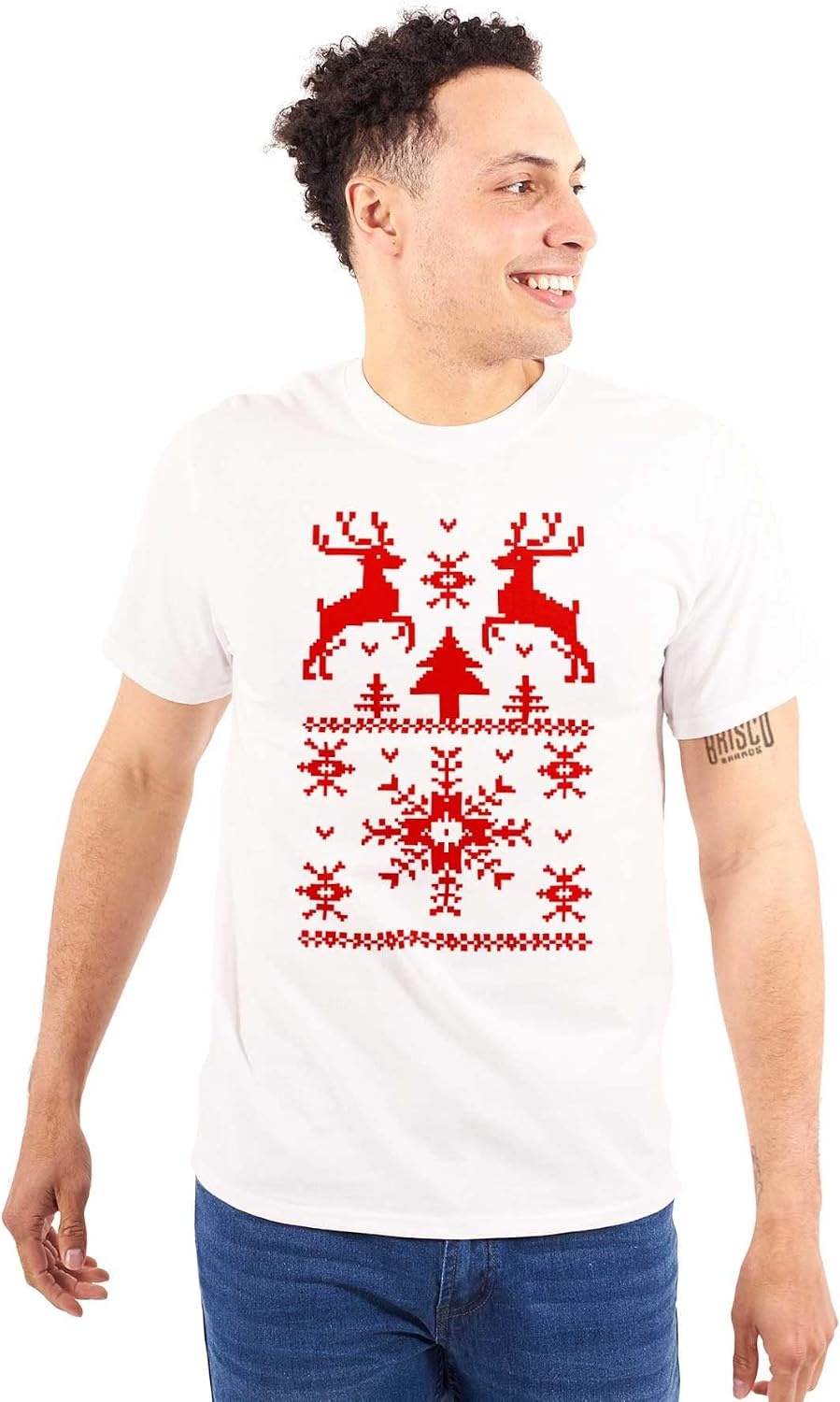 image:imageBrisco Brands Ugly Christmas Reindeer Pattern Graphic T Shirt Men or WomenWhite