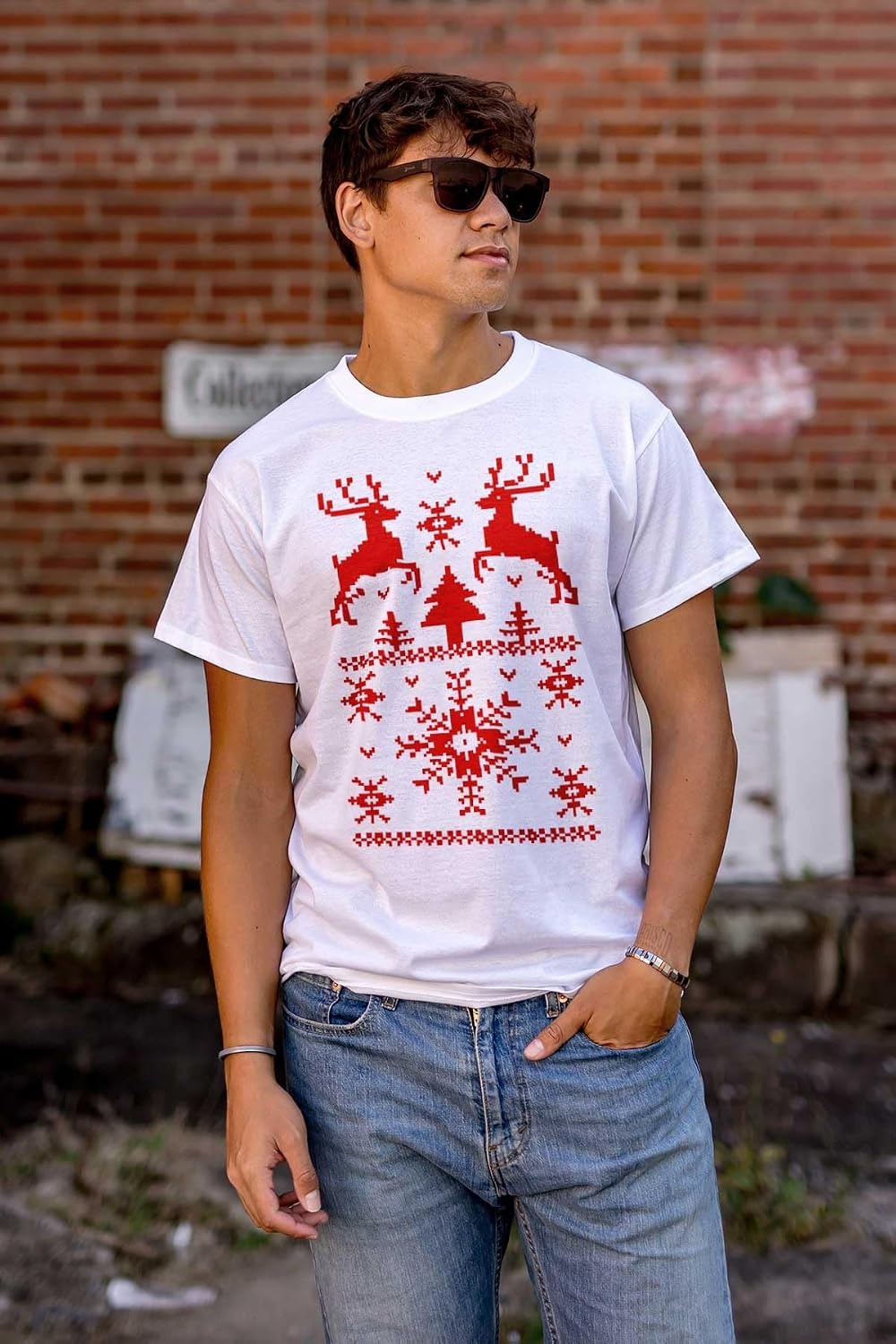 image:imageBrisco Brands Ugly Christmas Reindeer Pattern Graphic T Shirt Men or WomenWhite
