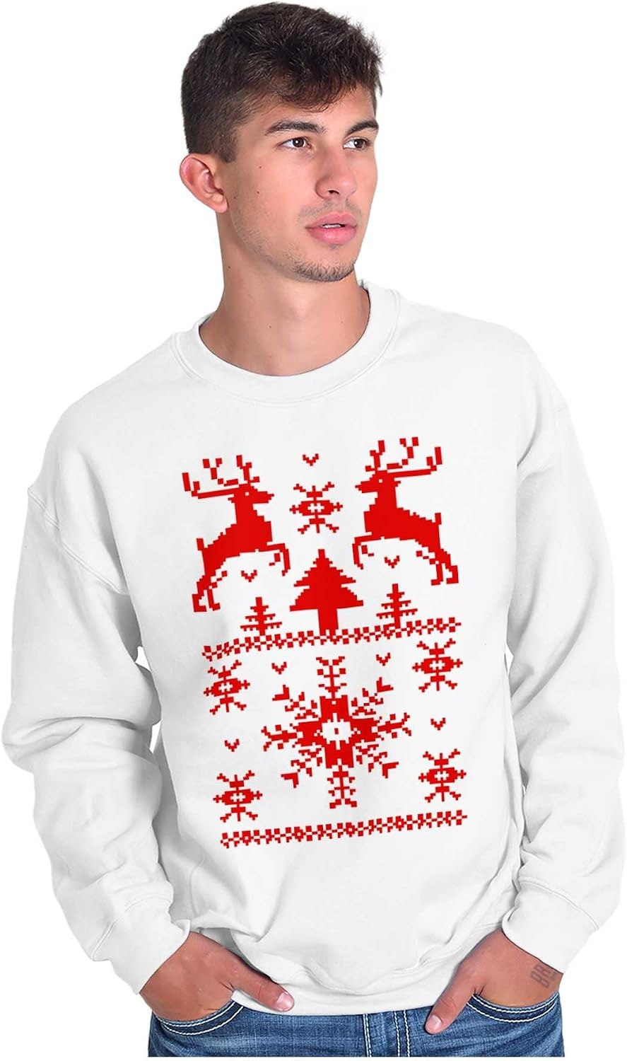 image:imageBrisco Brands Ugly Christmas Reindeer Pattern Sweatshirt for Men or WomenWhite